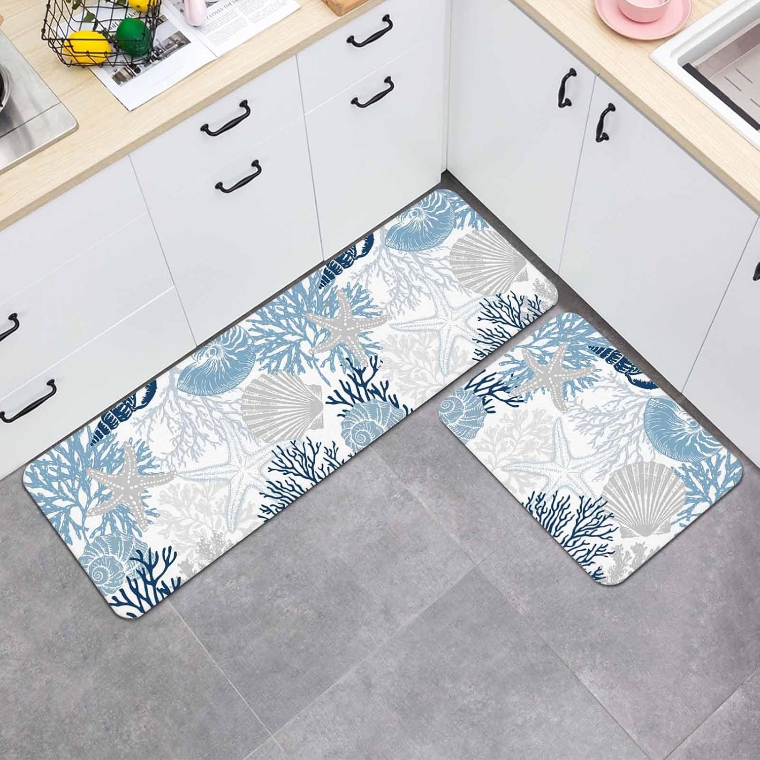 Summer Marine Life Kitchen Mats Set of 2 Graffiti Blue Corals Shell Sea Conch Starfish Non Slip Mat Washable Floor Rug for Kitchen Sink Floor Laundry, 19.7"x31.5"+19.7"x47.2"