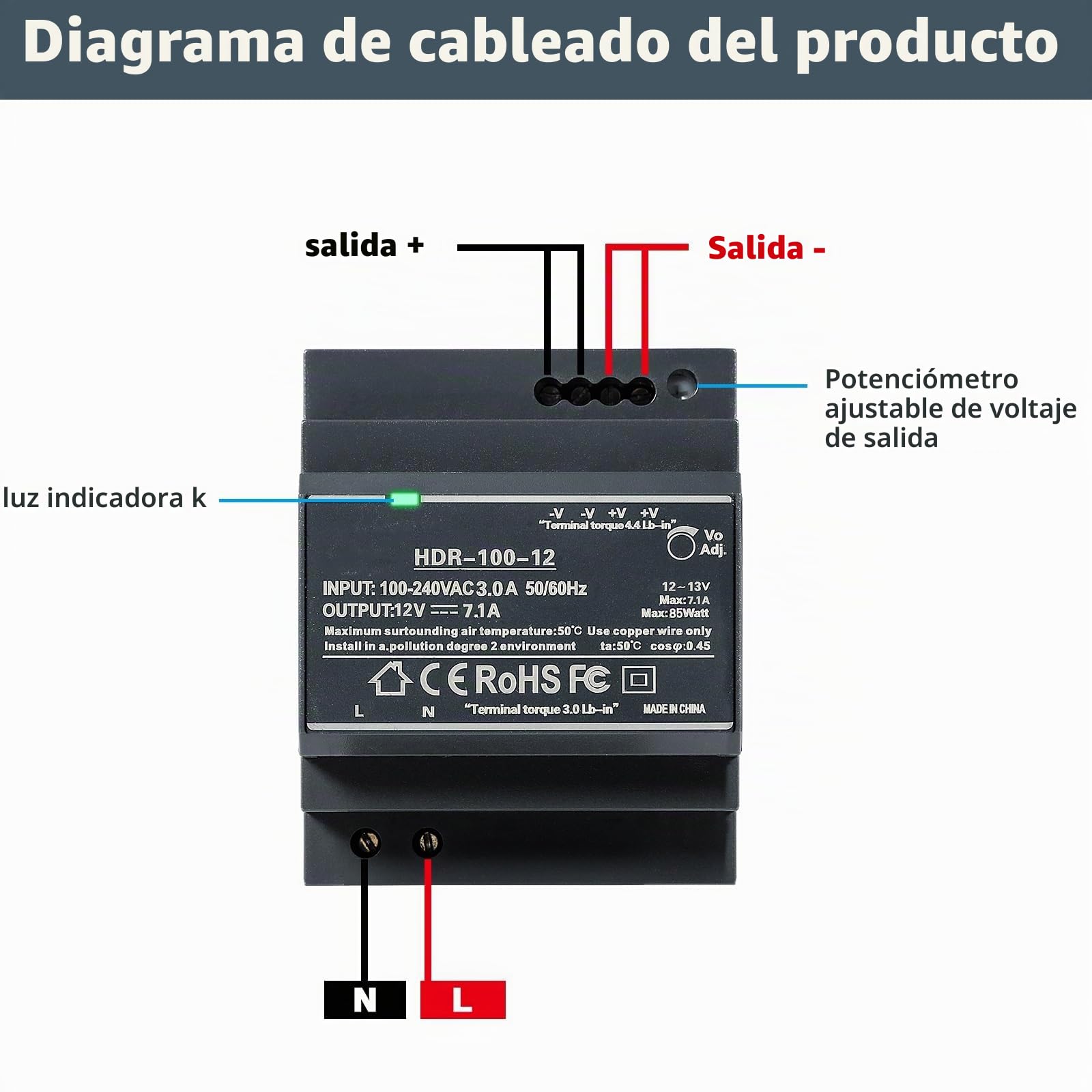DEWIN Fuente de Alimentación DIN DC 12V 7.1A 100W Transformador 220v a 12v para montaje en carril DIN, Entrada de CA 100V-240V, Salida de CC 12V, HDR-100-12