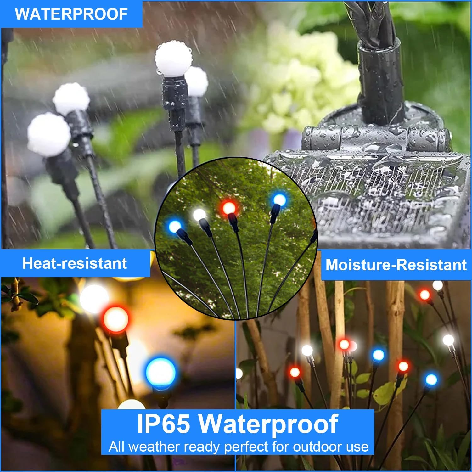 48 LED Red White Blue Firefly Garden Lights Solar Outdoor Waterproof Swaying Garden Lights, for Memorial Day 4th of July Decorations Outdoor Patriotic Garden Lawn Yard Pathway Decor (4 Pack)