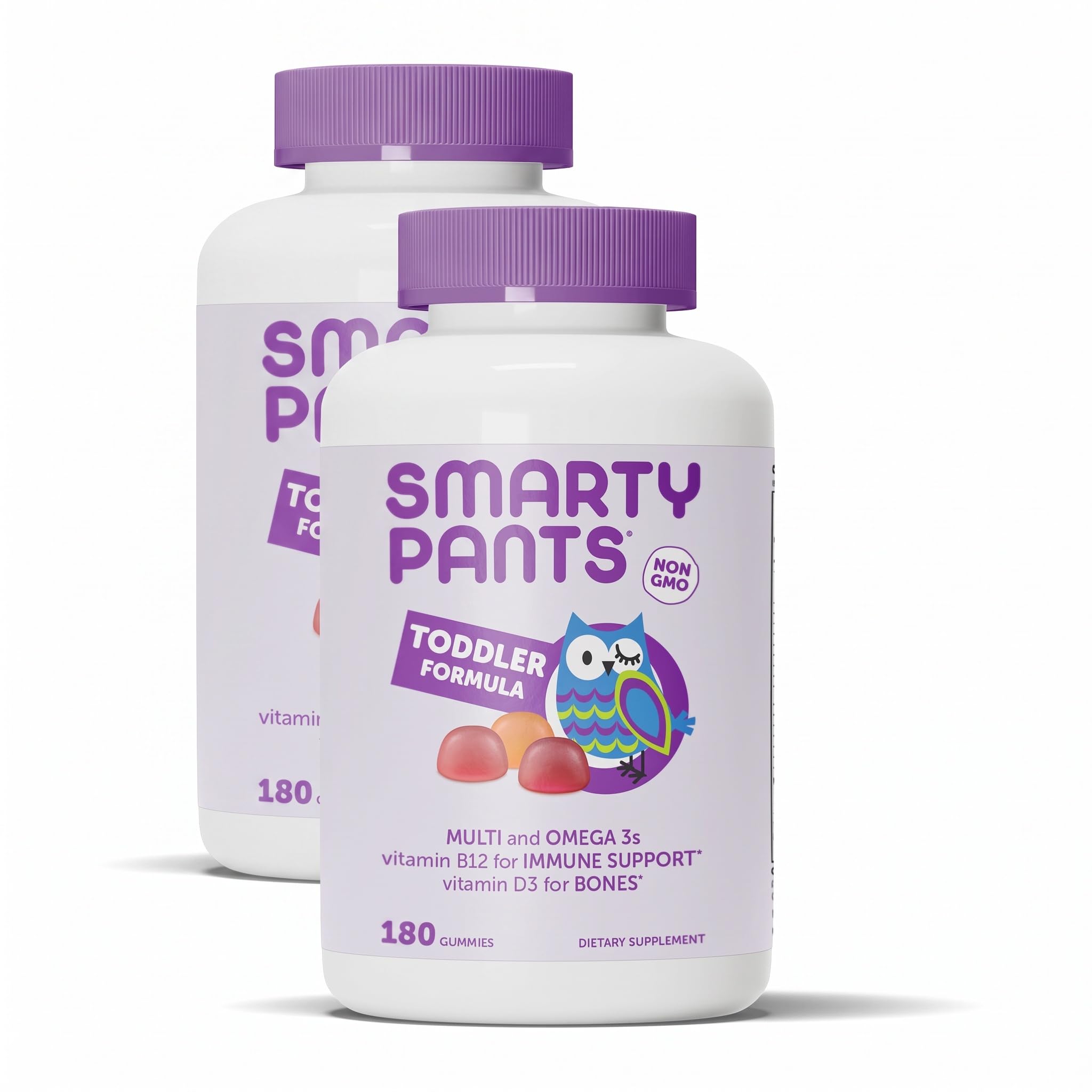 SmartyPants Toddler Multivitamin Gummies: Omega 3 Fish Oil(EPA/DHA), Vitamin D3, C, B12, B6, A, K &amp; Zinc, Biotin, Beta Carotene, Gluten Free, 3 Fruit Flavors, 180 Count (60 Day Supply) (Pack of 2)