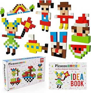 PicassoTiles Electric Power Airlifted Hover Ball + Magnetic Puzzle Cubes, LED Foam Bumper Soft Edge for Indoor Outdoor Gaming, Construction Building Block Set Sensory Toy Free Ideabook with 50 Ideas