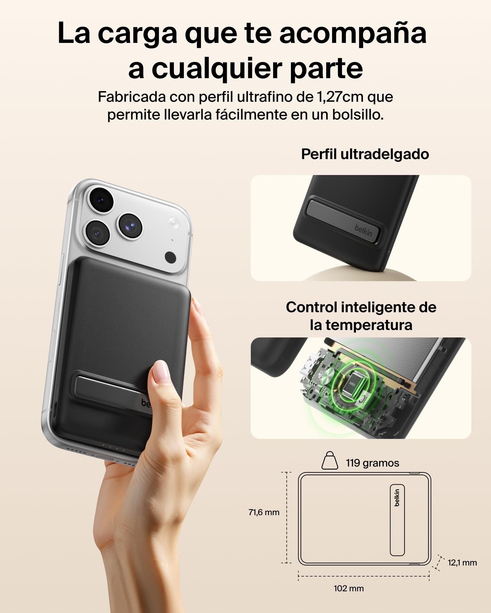 Belkin BoostCharge Batería Externa Magnética Delgada 5000 mAh Soporte Negro | Power Bank Qi2 de 5000 mAh, Anillo Magnético, 1 Puerto USB-C, Cable Incluido, Apta como Equipaje de Mano, Batería Portátil