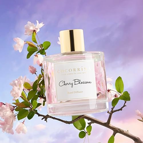 Miniatura 4 de COCORRÍNA juego de difusor con varillas, 6.7 fl oz (200ml) con aroma a flores de cerezo, con 3 flores de espuma de rosa blanca y varillas de