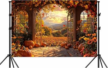 7x5ft Fall Window Backdrop Autumn Yellow Pumpkin Forest RusticHarvest Hay Sunset Natural Scenery Maple Leaves Harvest Banner Decoration Studio Props Party Backdrop