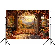 7x5ft Fall Window Backdrop Autumn Yellow Pumpkin Forest RusticHarvest Hay Sunset Natural Scenery Maple Leaves Harvest Banner Decoration Studio Props Party Backdrop
