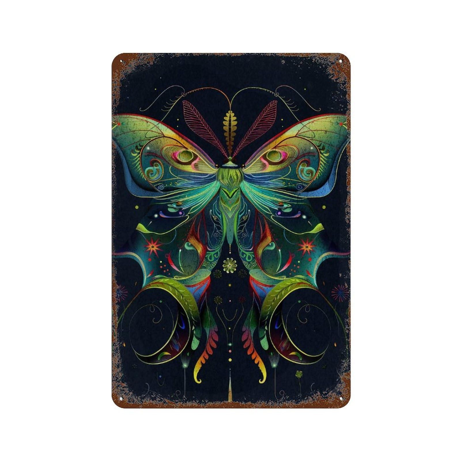 Art Nouveau Neon Butterfly on Dark Vintage Metal Tin Sign 11.8"x7.9", Ideal for Living Room, Hallway And Home Decor