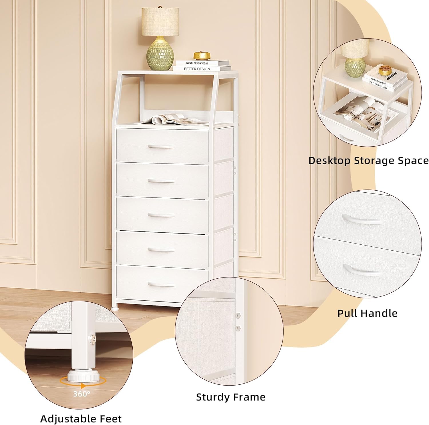 Kommode mit 5 Schubladen aus Stoff, Hoch Schmal Komodenschrank Aufbewahrungsschrank für Schlafzimmer, 2-Tier Holzplatte Stoffkommode, Industrieller Schrank für Wohnzimmer Kinderzimmer Flur, Weiß