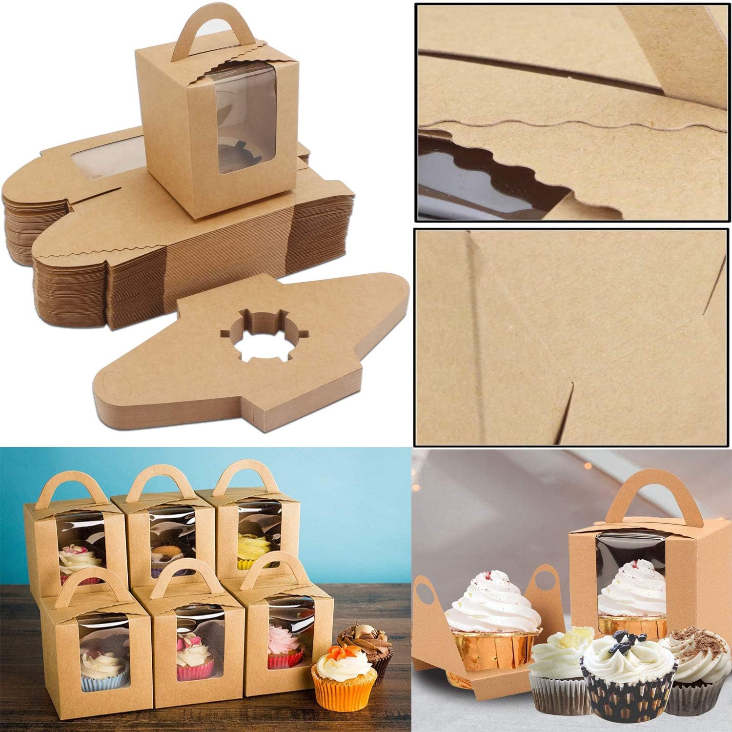 Sohapy Single Cupcakes Box Pastry Containers Cupcake Carriers Gift Boxes with Clear Window Inserts Handle for Baby Shower Wedding Candy Boxes (Brown, 50)