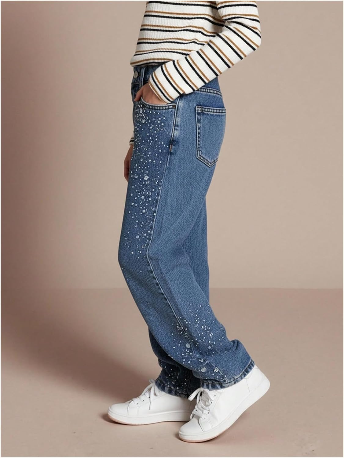 MakeMeChic Girl's Glitter Rhinestone Wide Leg Jeans Zip Fly Baggy Fall Y2K Denim Pants - Image 5