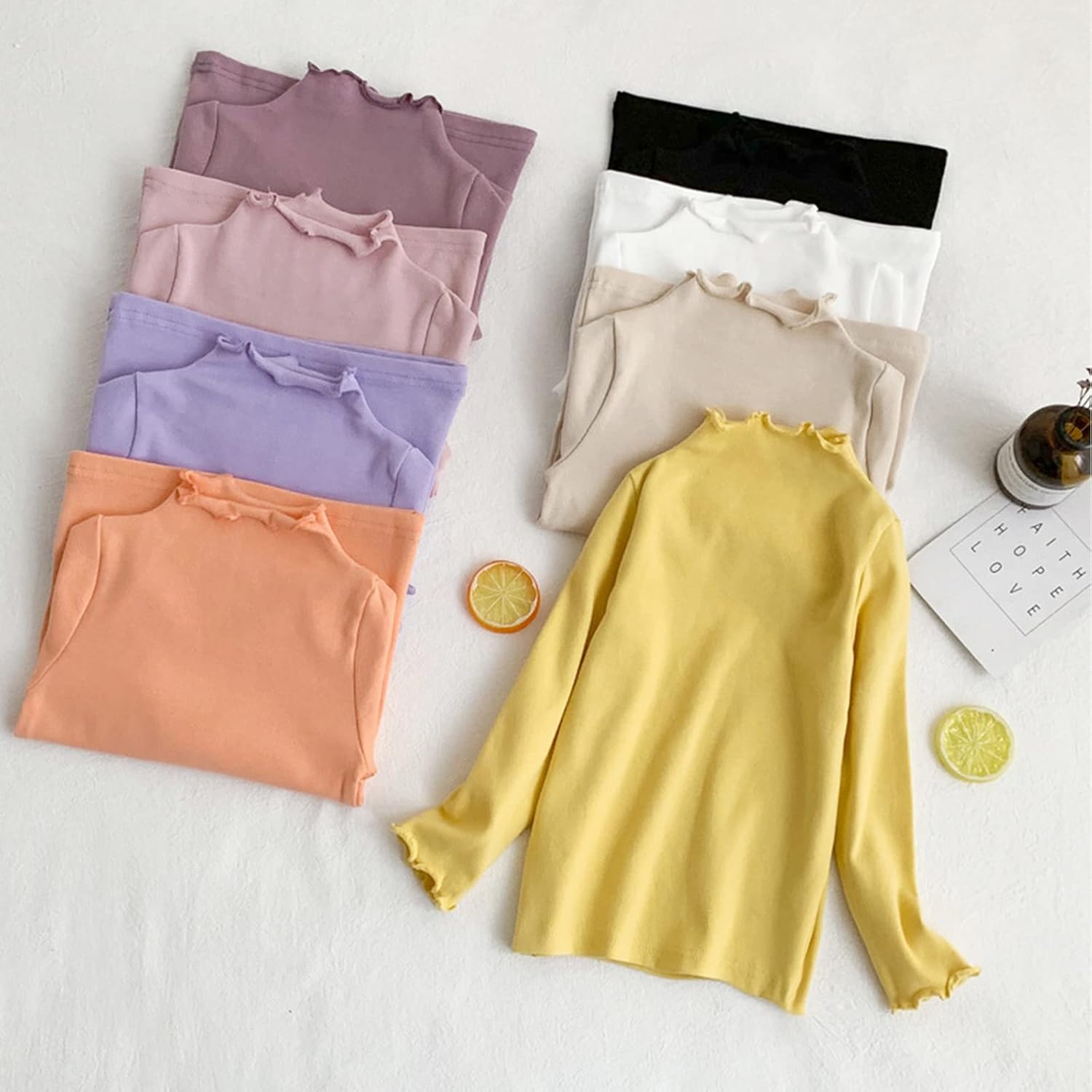 Girls Lettuce Edge Trim Mock Neck Long Sleeve Slim Fit T-Shirt Tops Lightweight Knit Tee - Image 2