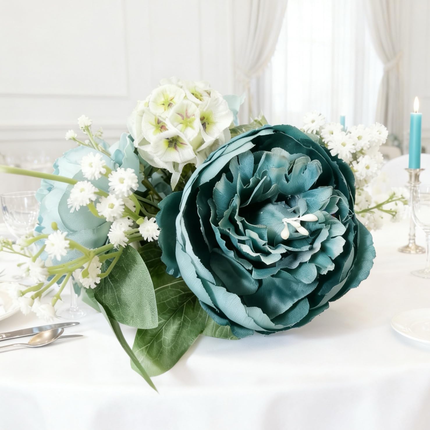 Turquoise Teal Blue Artificial Silk Peony Bouquet White Baby's Breath Mixed Flowers Combo Box Wedding Centerpiece Arrangement with Greenery Decorative Floral (Teal Peony)
