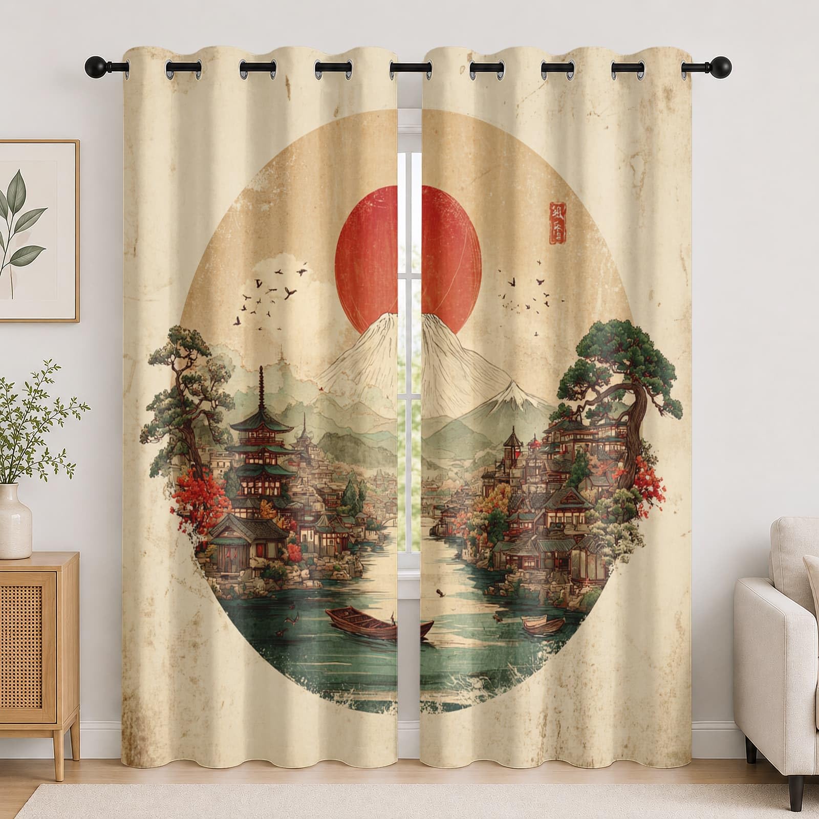 Infantil Cortinas Opacas Aislantes 2 Paneles 140An x 260Al cm Estilo JaponéS Arquitectura Paisaje Suave Poliéster Termicas Cortina con Ojales Verde para Salon Dormitorio Oficina Hogar Decorativa