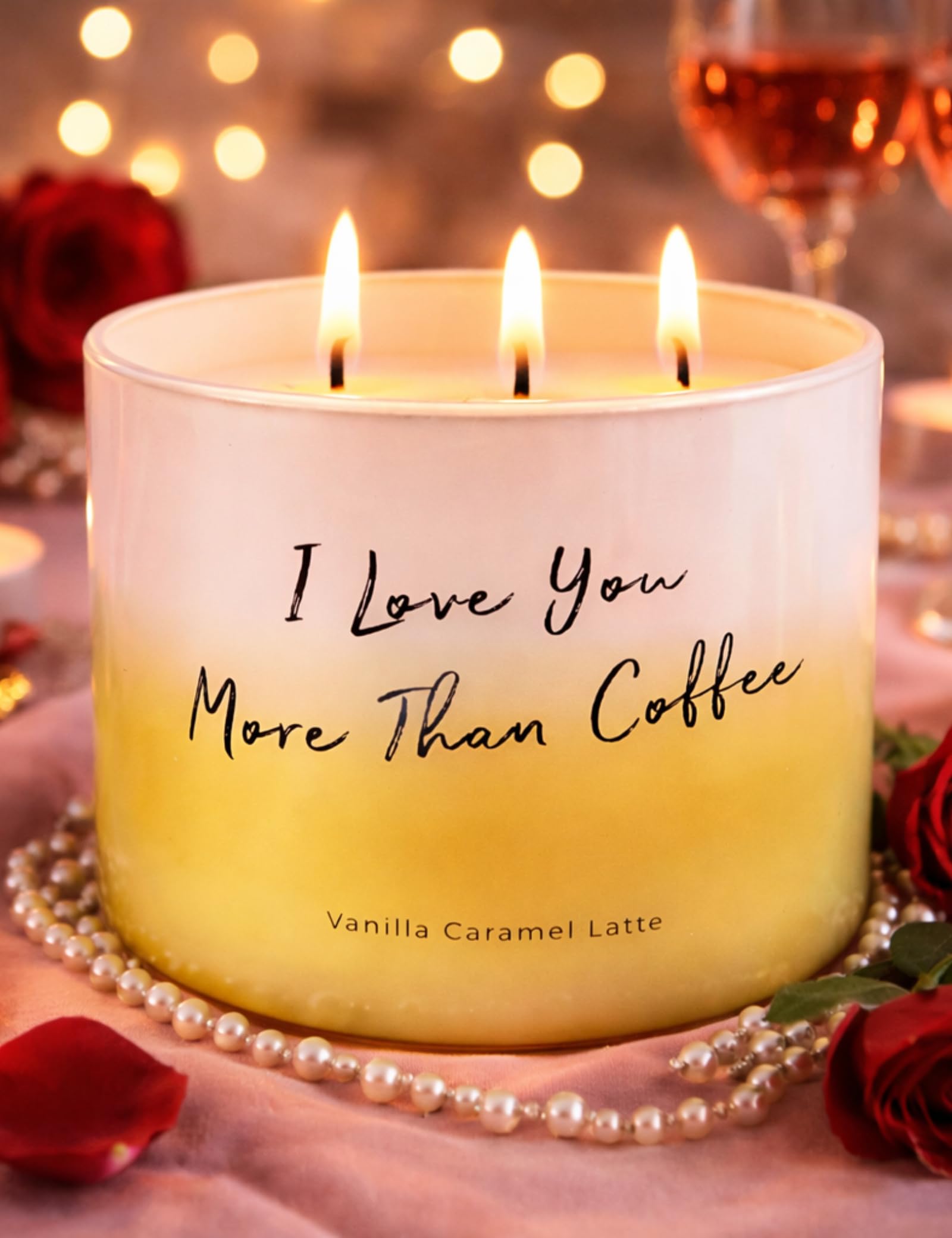 Candele profumate alla vaniglia al caramello e latte, con 3 stoppini, per la casa, con citazione "I Love You More Than Coffee", 450 ml, candele di soia naturali per donne e uomini, grande candela