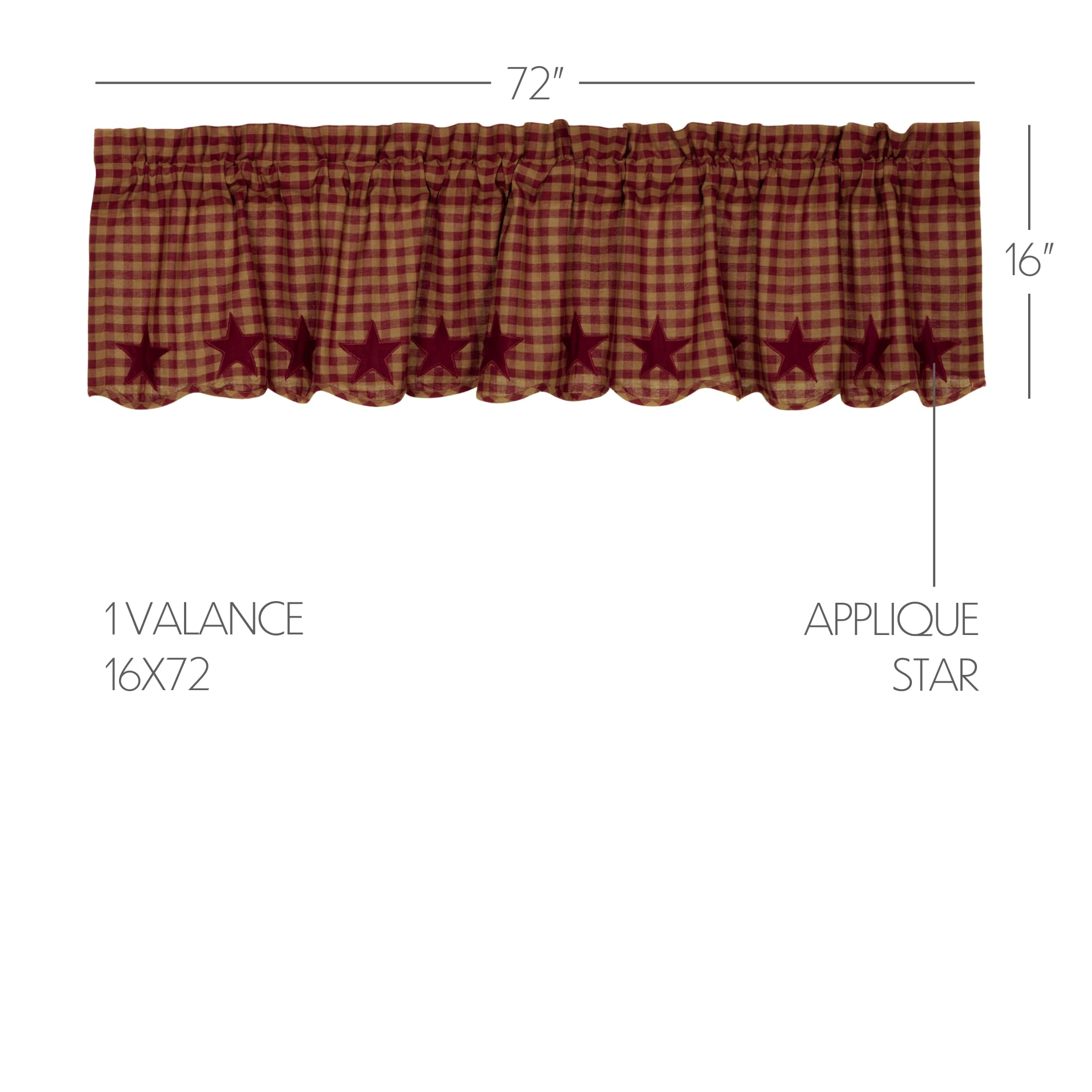 VHC Brands Classic Country Primitive Kitchen Window Curtains-Star Red Scalloped Valance, Burgundy