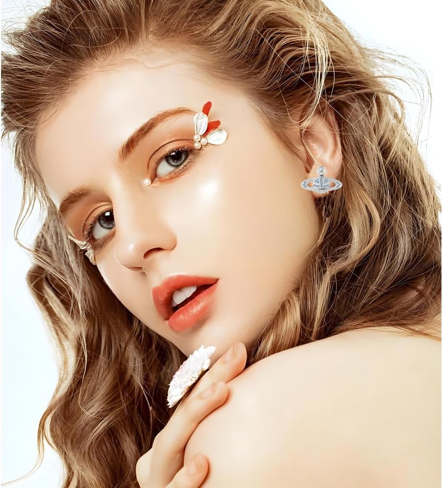 Saturn Planet Earrings Necklace Set for Women Trendy Aesthetic Rhinestone Cubic Zircon Space Saturn Planet Pendant Earrings Necklace Party Holiday Wedding Jewelry Gift Set - Image 2