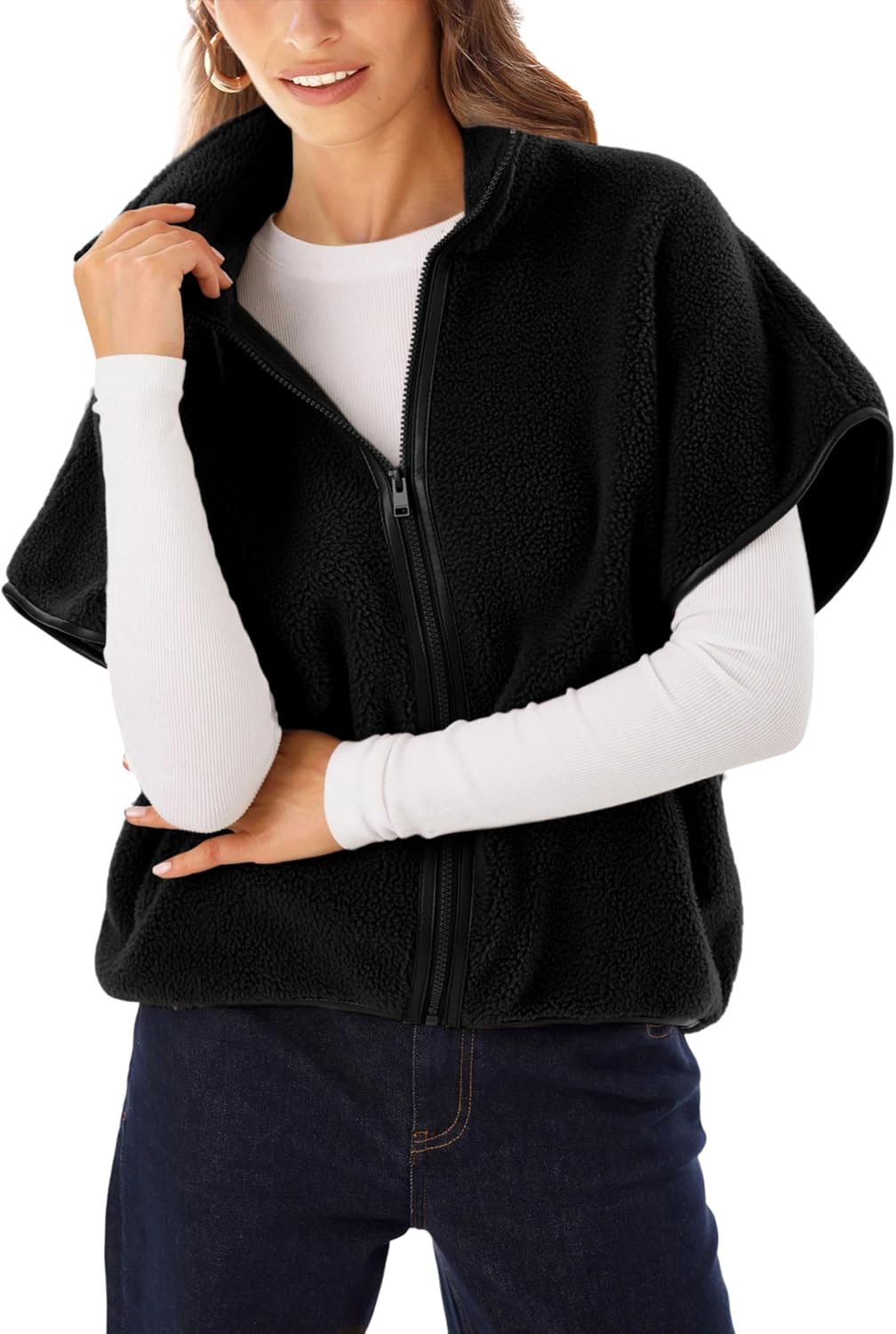 Lianlive Women's Sherpa Fleece Vests Oversized Stand Collar Fuzzy Polar Jacket Casual Zip Up Outerwear Vest with Pockets