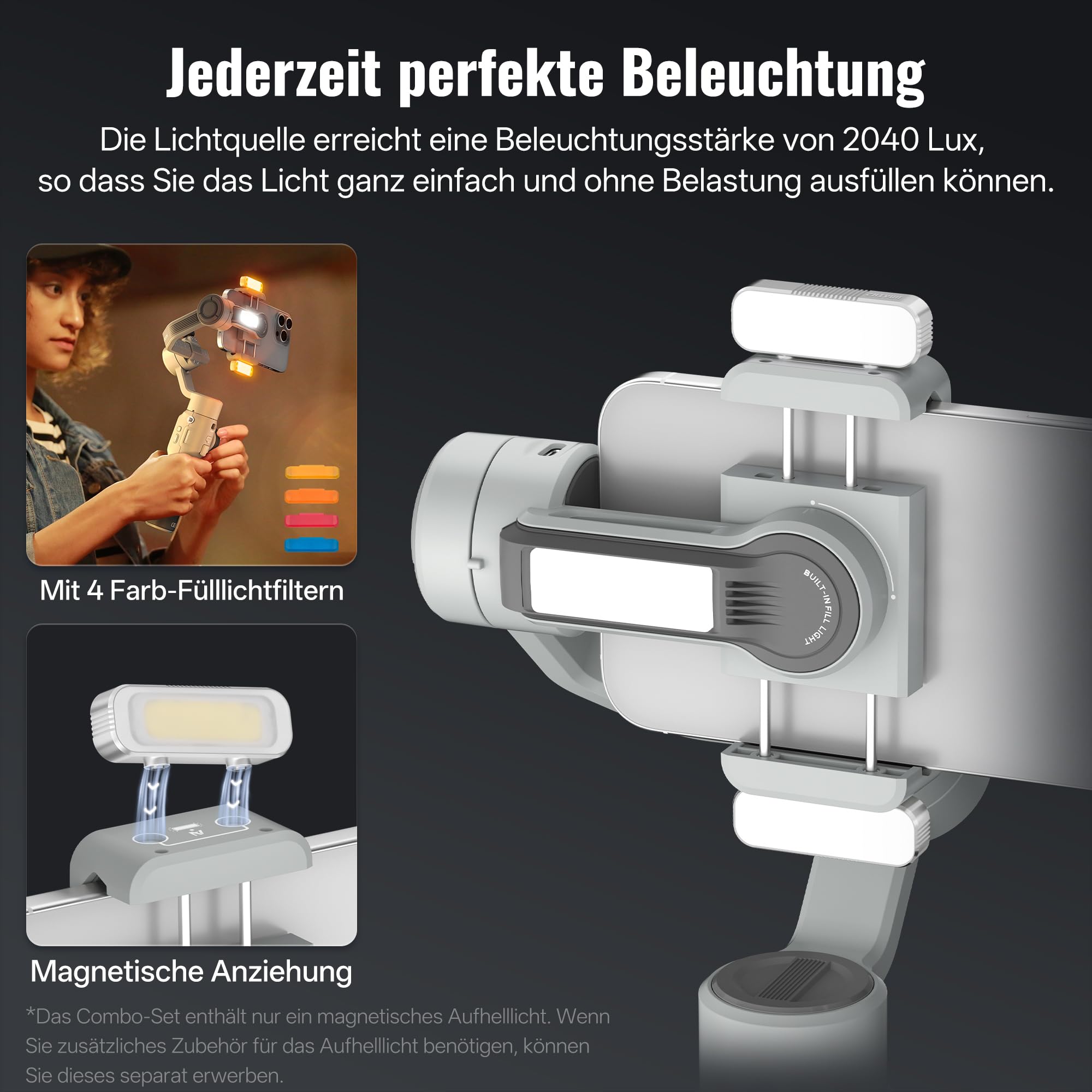 ZHIYUN CINEPEER Smooth 5E Combo Smartphone Gimbal, Intelligentes AI Tracking, Integriertes & Magnetisches Fülllicht, 3 Achsen Gimbal, Intelligente Bearbeitung, Apple Watch Fernbedienung