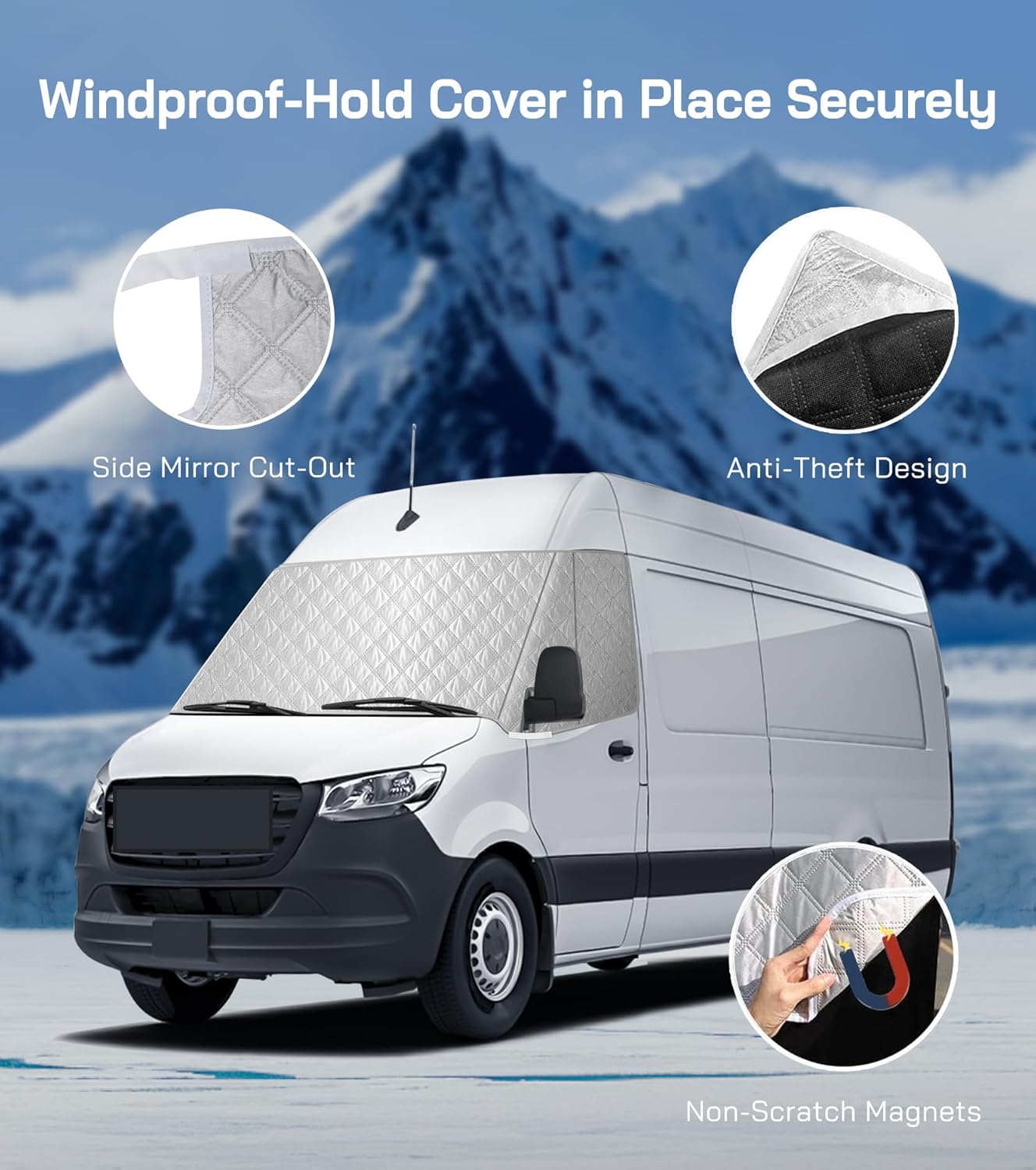 Windshield Cover for Mercedes Sprinter Van 2007-2026, Class C Windshield Snow Cover, Front Window Sunshade for UV Protection & Privacy Shield, White with Mirror Cutouts
