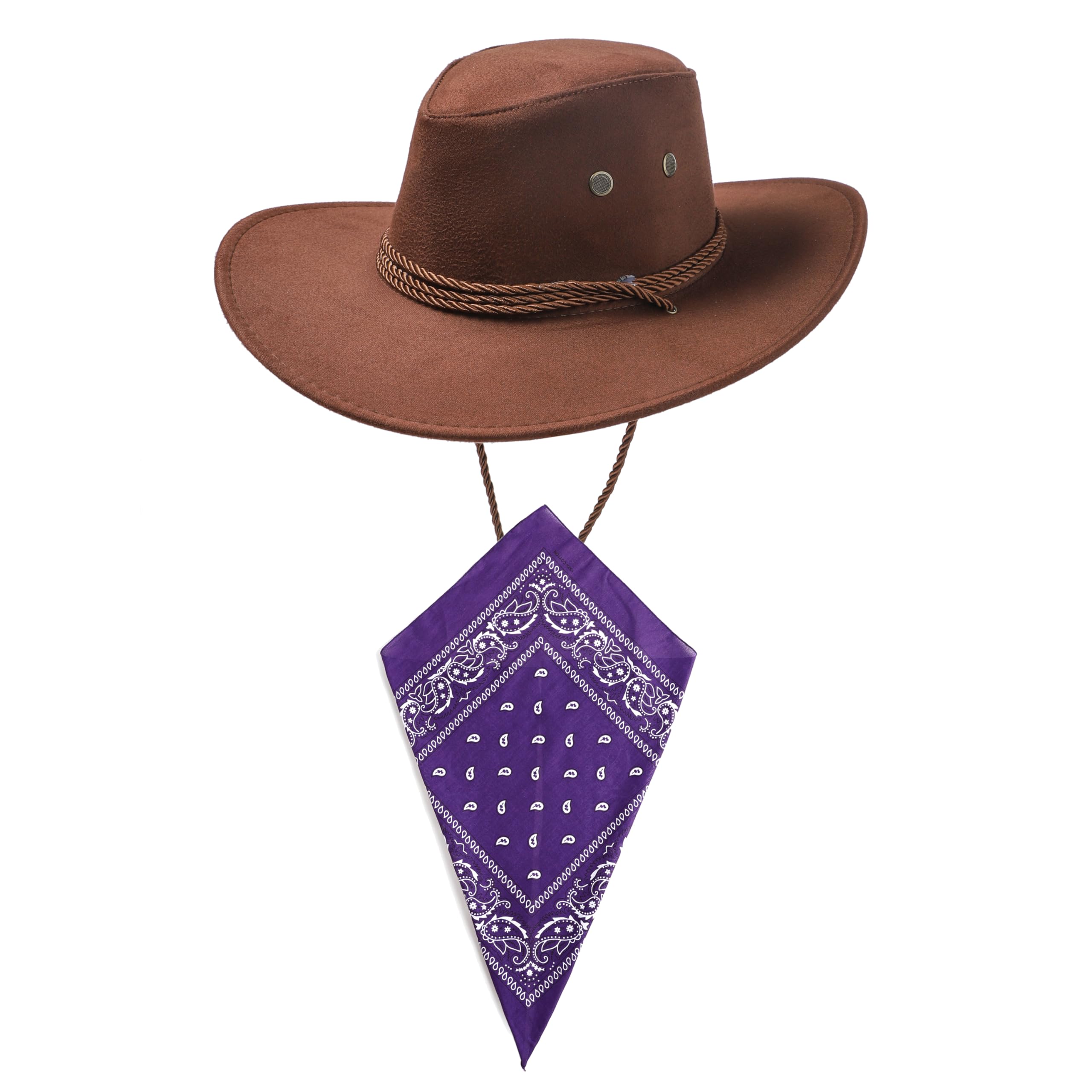 Dark Brown Cowboy Hat and Purple Bandana Western Sun Cap Faux Felt Leather Suede Fancy Dress Party Costume Outfit Neckscarf Sun Protection Mens Womens โ image 1