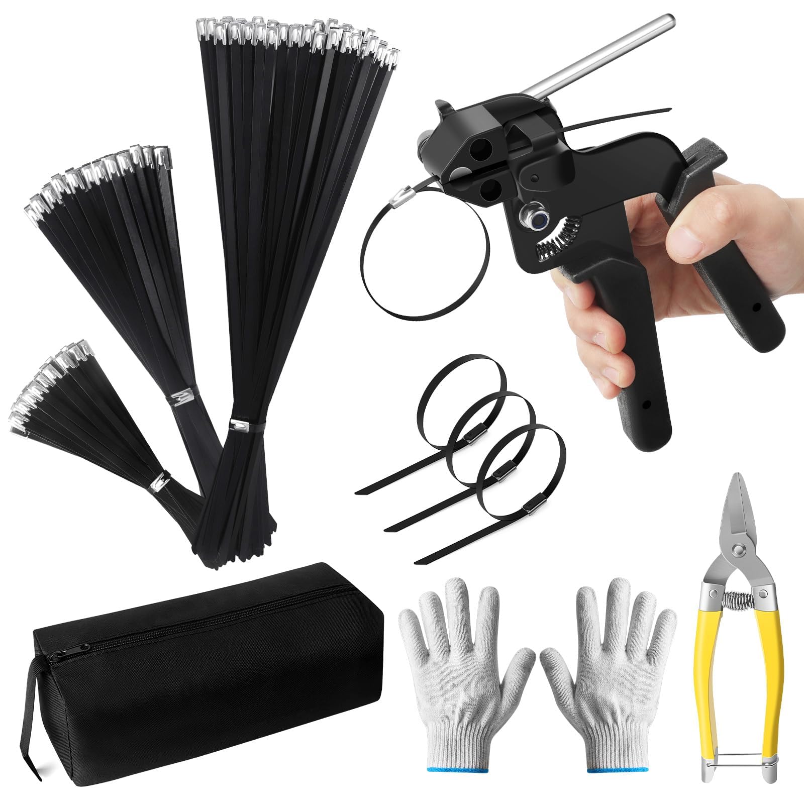 Juego de bridas de metal para cables de acero inoxidable con 150 correas de metal negro resistentes para exteriores, kit de herramientas de corte para valla de malla de alambre