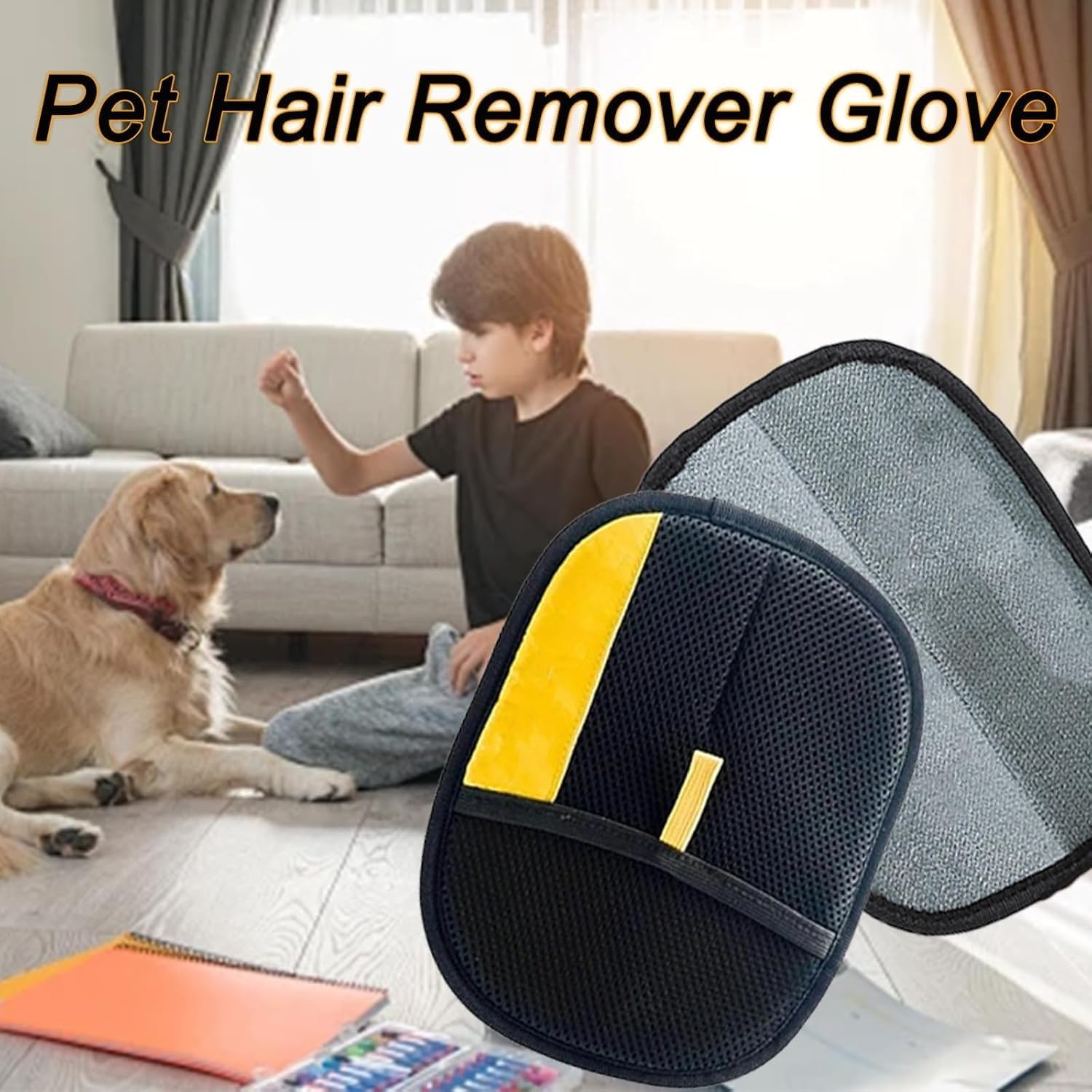 2 pair of electrostatic pet hair removal gloves - Black polypropylene cat grooming reusable with yellow decoration - Essential for cat and dog pet grooming - Durable accessory for easy cleaning