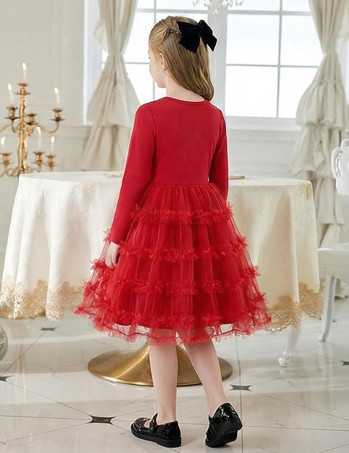Arshiner Toddler Tutu Dress Girls Long Sleeve Fall Winter Ruffle Tiered Holiday Party Tulle Dresses - Image 4