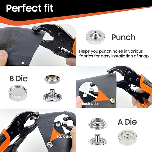 Miniatura 6 de Kit de herramienta de broche de presión resistente, función de punzonado, herramienta de botón a presión con ajustador, herramienta de broche de 15