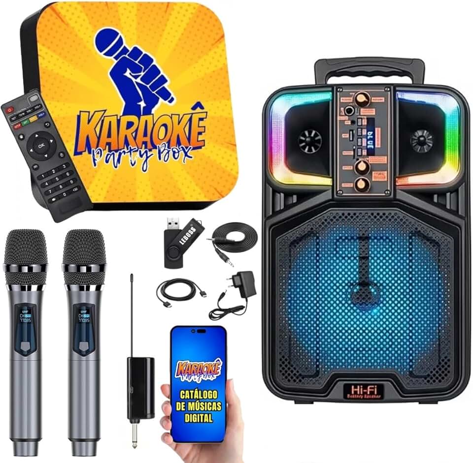 Karaoke Party Box Profissional +12000 Músicas +2 Microfones Sem Fio +Caixa De Som Potente 2000w +Sistema Pontuação
