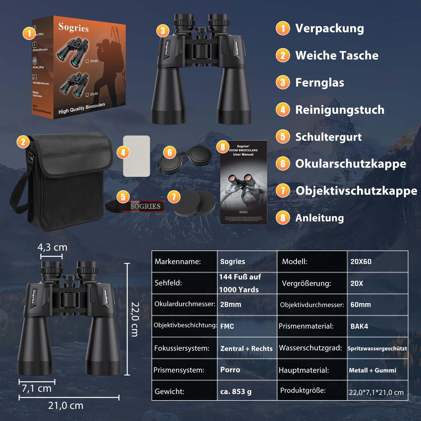 20 x 60 Fernglas für Erwachsene, leistungsstark, wasserdicht und beschlagsicher, kompaktes Fernglas für Vogelbeobachtung mit schlechten Lichtverhältnissen, Jagd, Reisen, inklusive Tragetasche