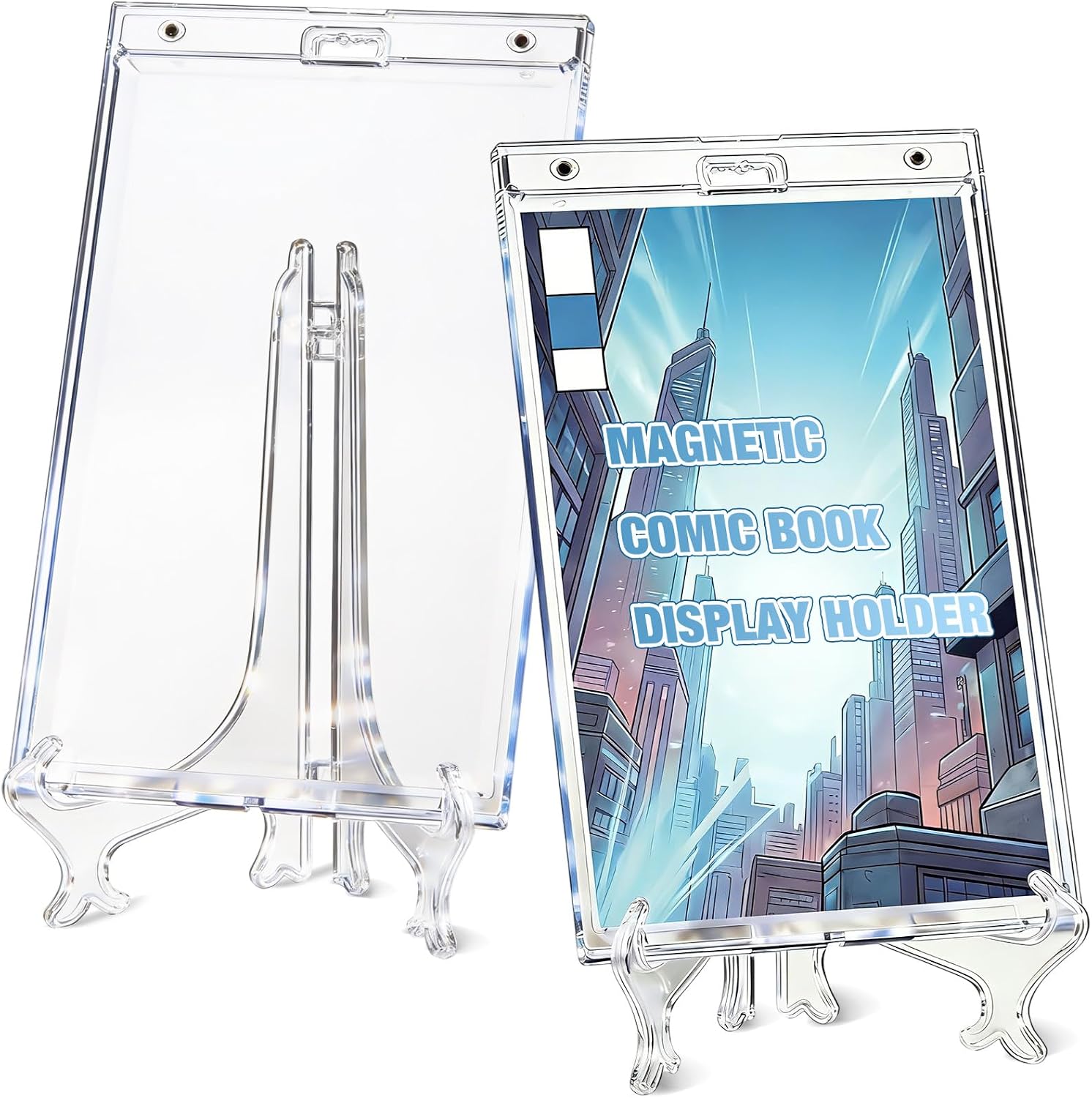 Novabright 2 Pack 12.24 x 7.52 Inch Magnetic Comic Book Clear Display Case, with 2 Vertical Foldable Stands, Comic Book Hard Protector Holders Shell UV Protection Board Wall Mounted, 2 Display Modes