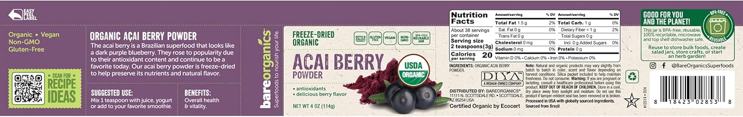 BareOrganics Acai Berry Powder, Superfood Powder, Organic Dietary Supplement, 4 Ounces - Image 2