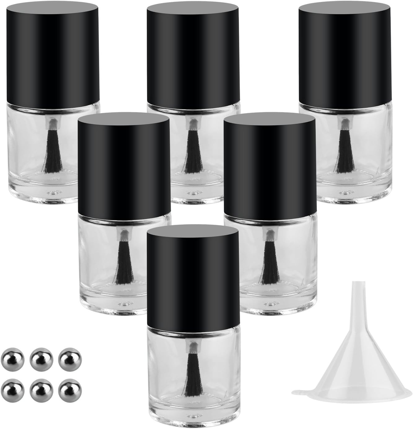 6PCS 10ML Empty Nail Polish Glass Bottles with Brush Cap & Funnel & Mixing Balls for Nail Art