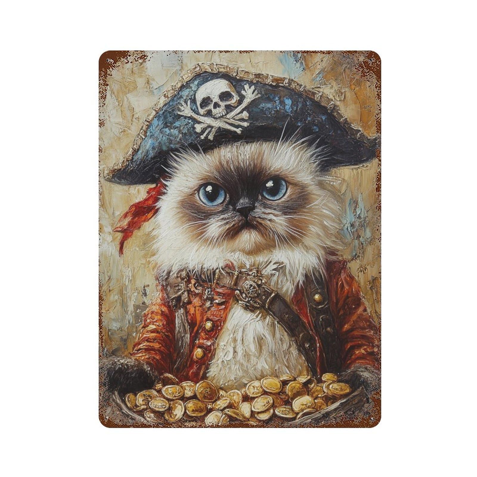 Pirate Cat with Treasure Chest-2 15.7"x11.8" Retro Metal Sign, Industrial Home Decor for Office, Studio And Wall Decor