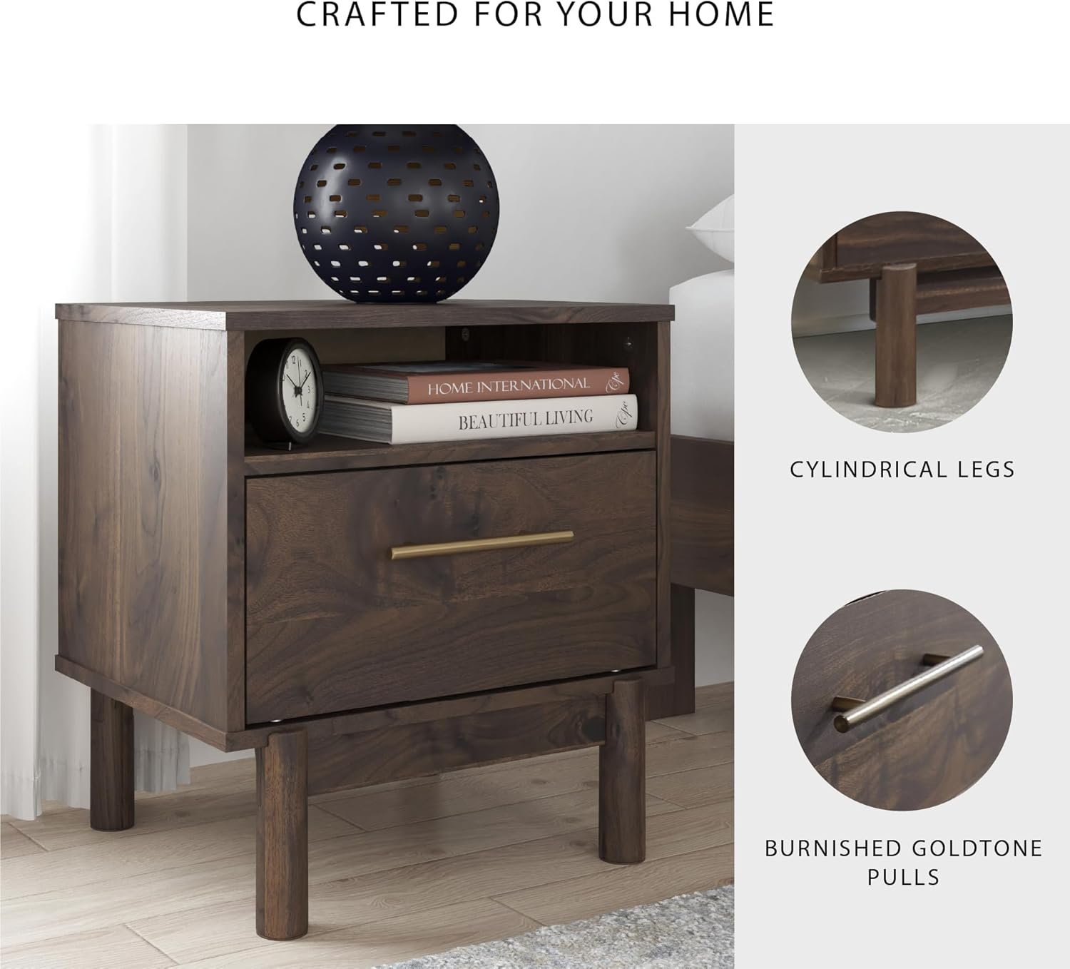 Signature Design by Ashley Calverson Modern 1 Drawer Nightstand with Open Cubby, 21.18" Tall, Dark Brown