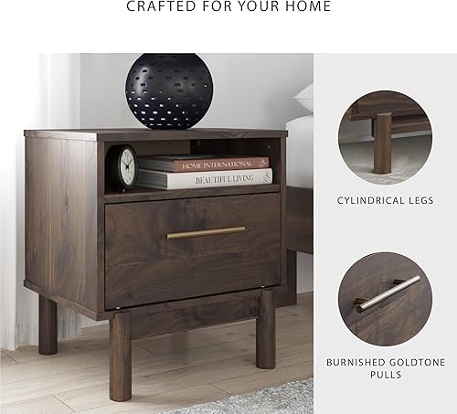 Miniatura 5 de Signature Design by Ashley Calverson Moderna mesita de noche con 1 cajón con cubículo abierto, 21.18 pulgadas de alto, marrón oscuro