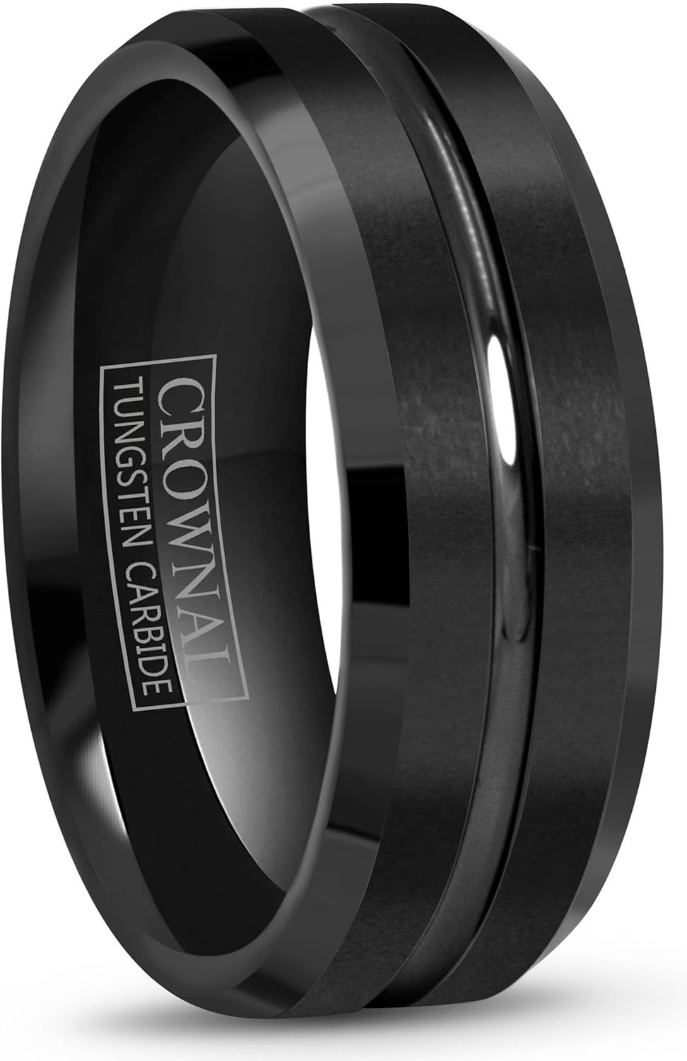 CROWNAL 4mm 6mm 8mm 10mm Black Tungsten Wedding Band Ring Men Women Beveled edges Polished Grooved Center Comfort Fit Size 4 To 17