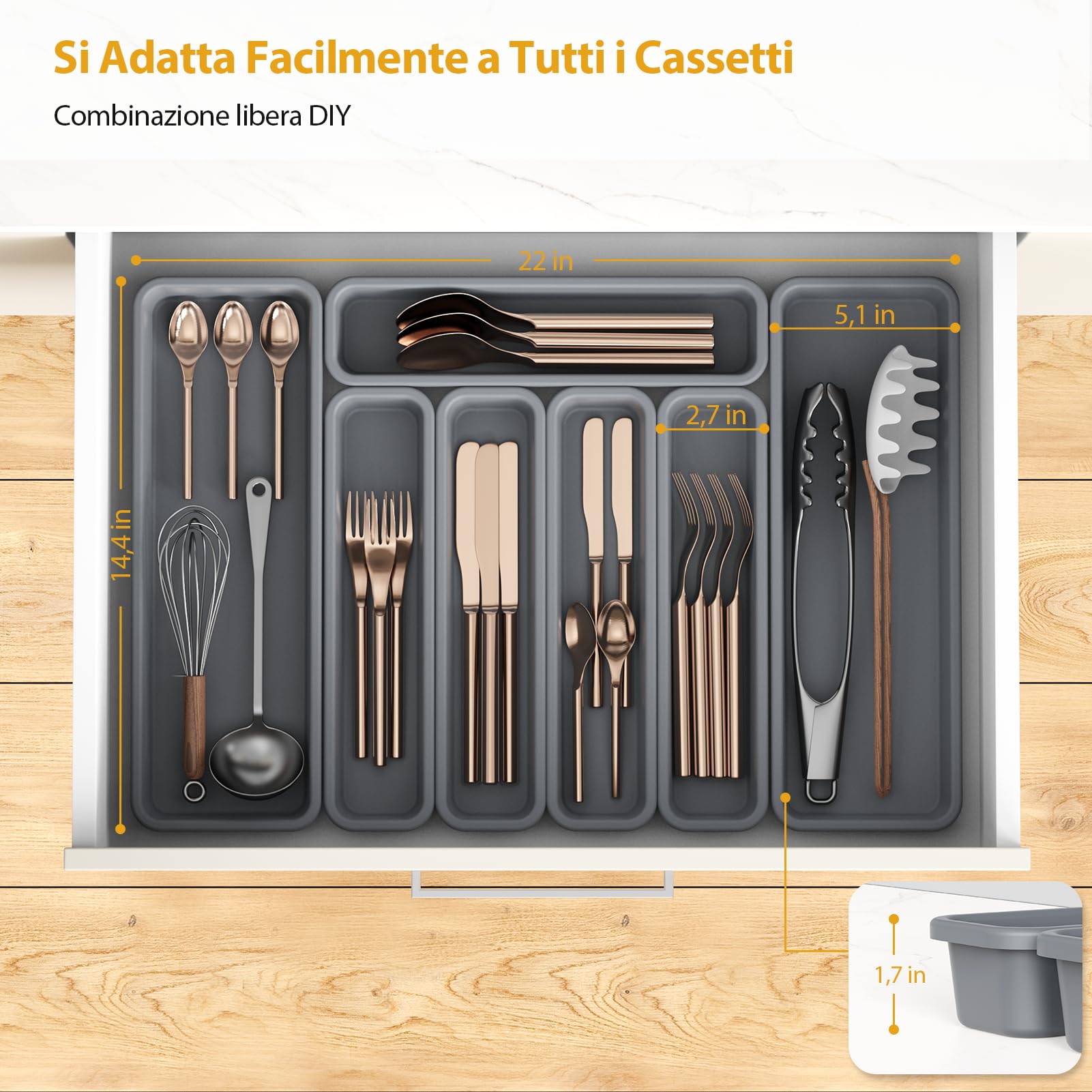 Portaposate da Cassetto, DIY Porta Posate Cucina Cassetto, Silicone Organizer Posate da Cassetto, 7 Pezzi, Resistente all'umidità e al Calore Fino a 200 °C, Antiscivolo (Grigio)