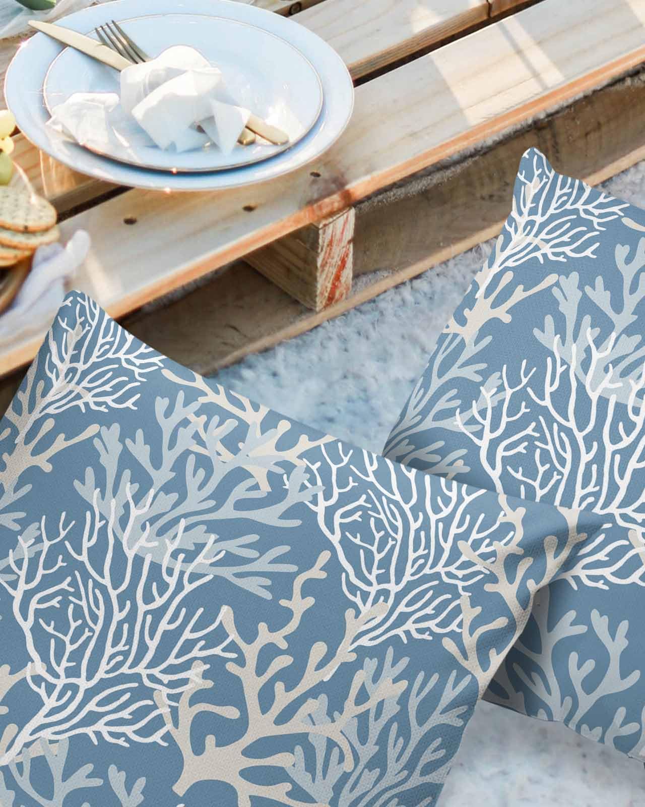 Pack of 2 Outdoor Pillow Covers 18x18 Waterproof Blue Coral Coastal Throw Pillow Covers, Decorative Pillowcases Nautical Ocean Marine Organism Cushion Covers for Patio Garden Couch Pillow Case