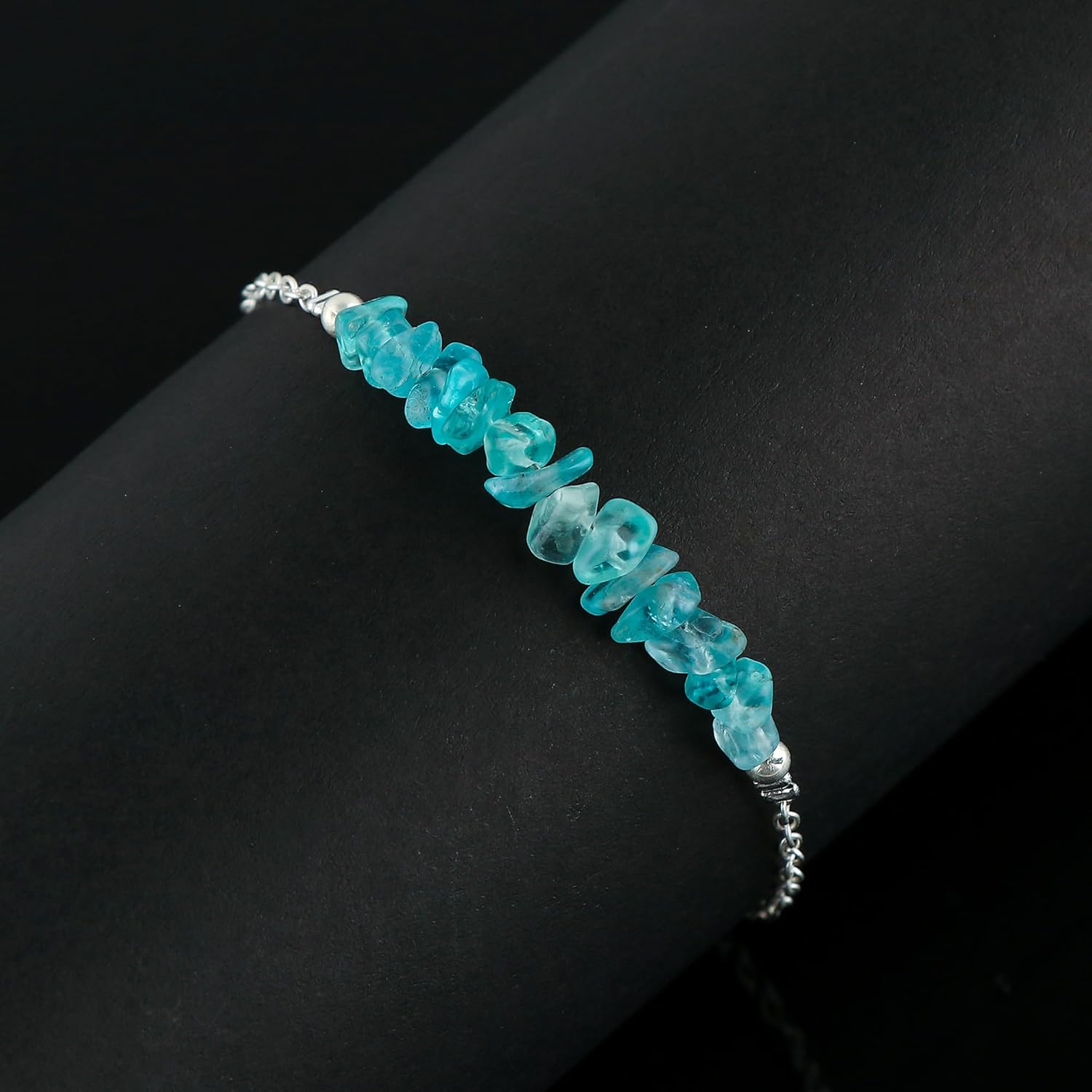 TGH Natural Blue Apatite Chips Bar Bracelet, Healing Crystal, Silver Plated Raw Beads Bracelet, 7+1 inch Adjustable Chain, Gift For Her, Valentine Day Gift - Image 3