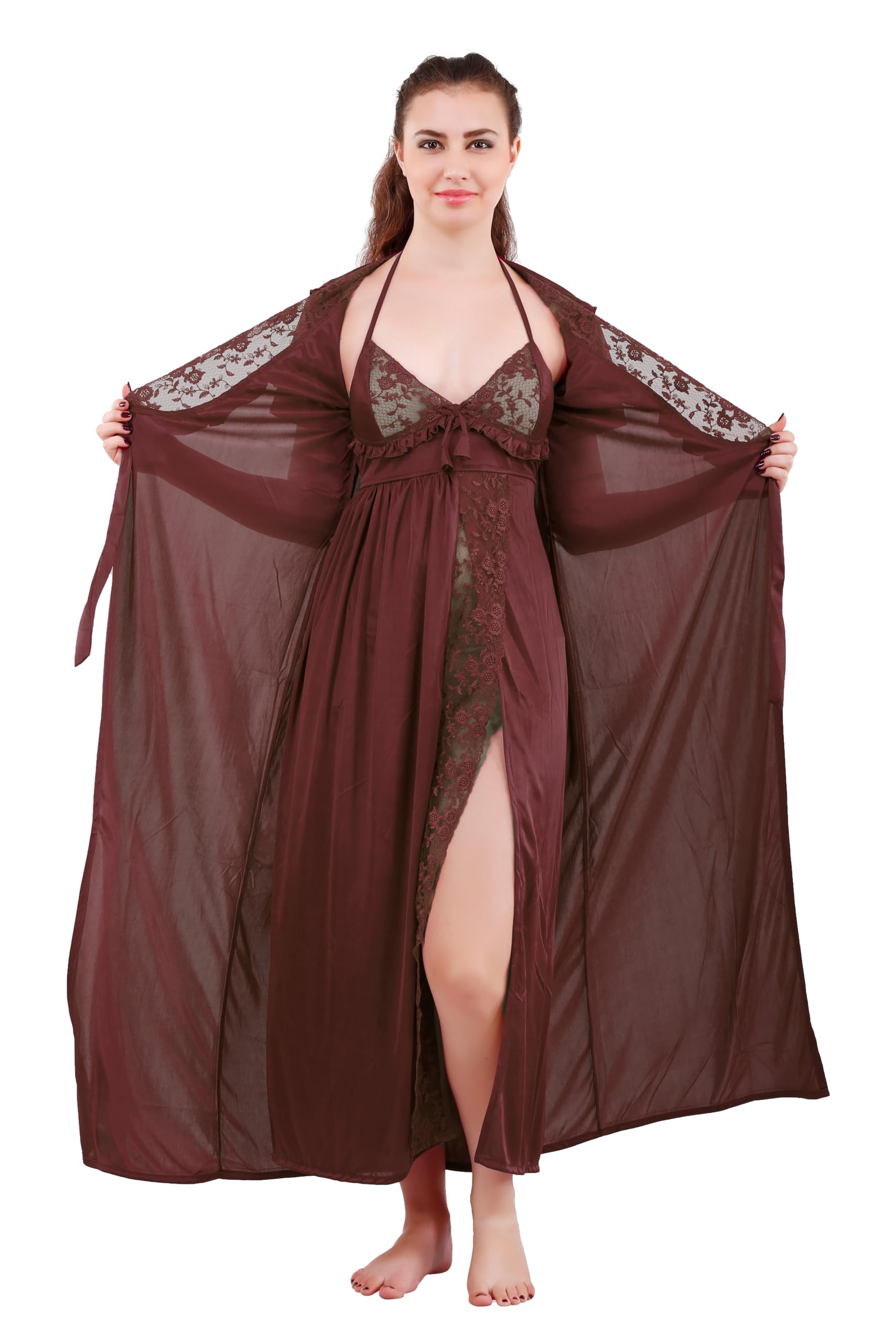 romaisa Women Satin Nighty and Robe, Wedding Nighty for Women Bridal and Honeymoon Nightwear Brown-picture-56
