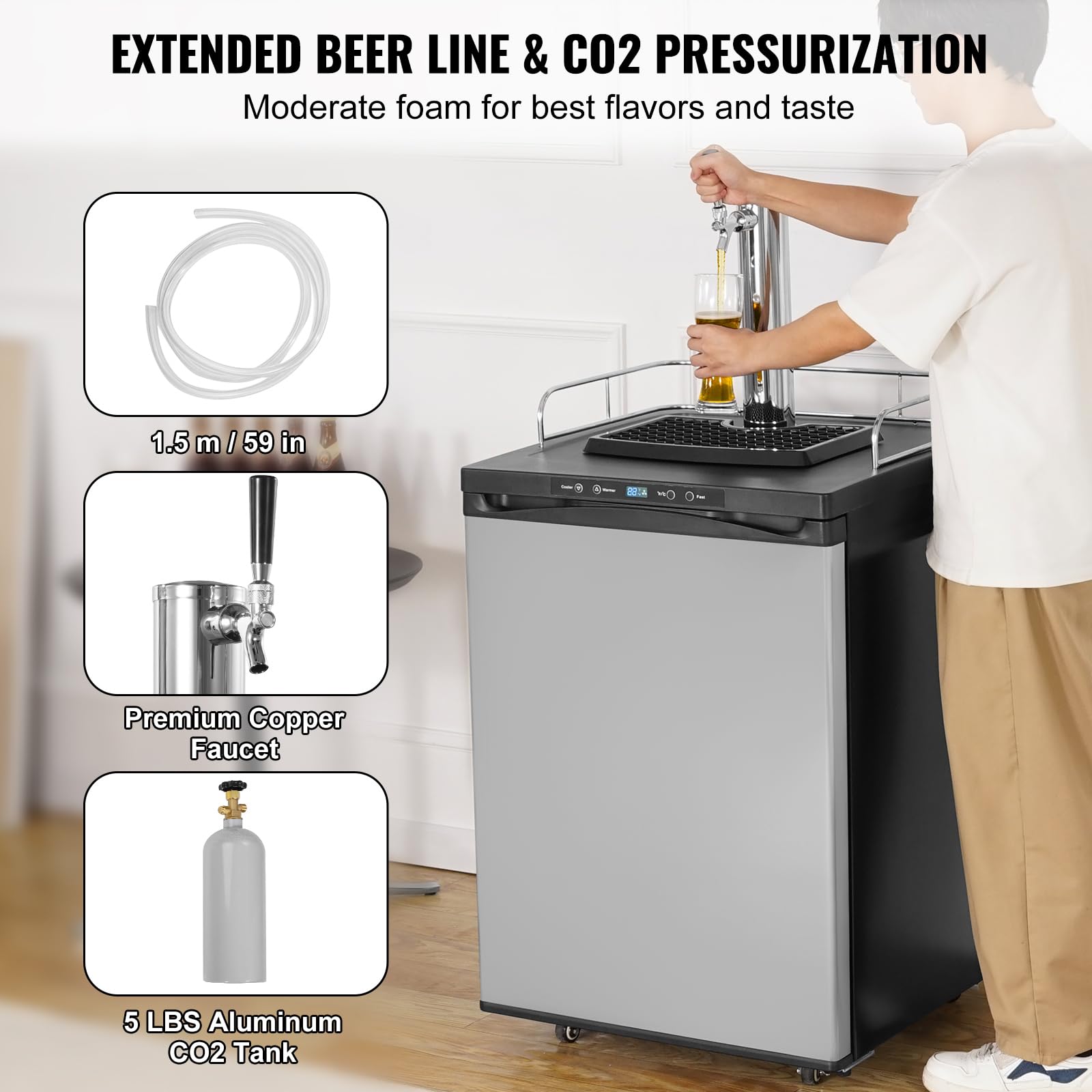 Happybuy Beer Kegerator, 162l Single Tap Draft Beer Dispenser, Co2 Tank, Temperature Control 23°F-82.4°F, Drip Tray & Shelf, Silver on Fridge.com - View 4
