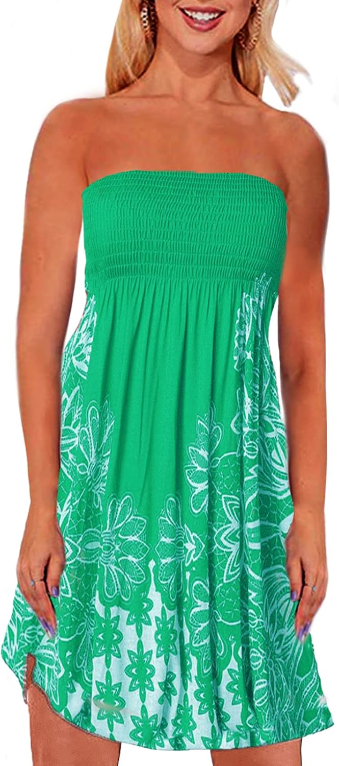 Zyyfly Tube Top Dress Women Summer Beach Coverup Stretch Smocked Strapless Dress