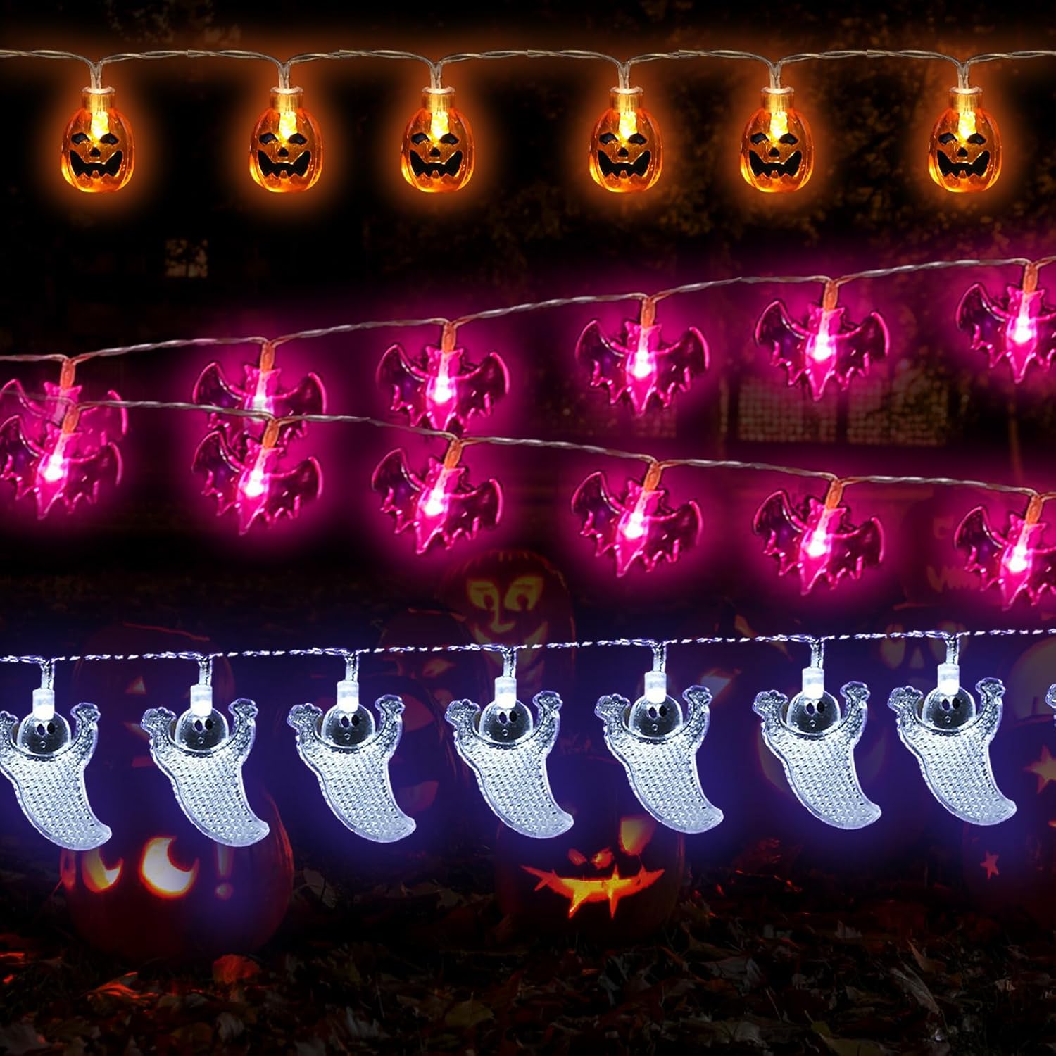Halloween Decorations Lights,3Pack 29ft 60 LED 3D Pumpkin Ghost Bat