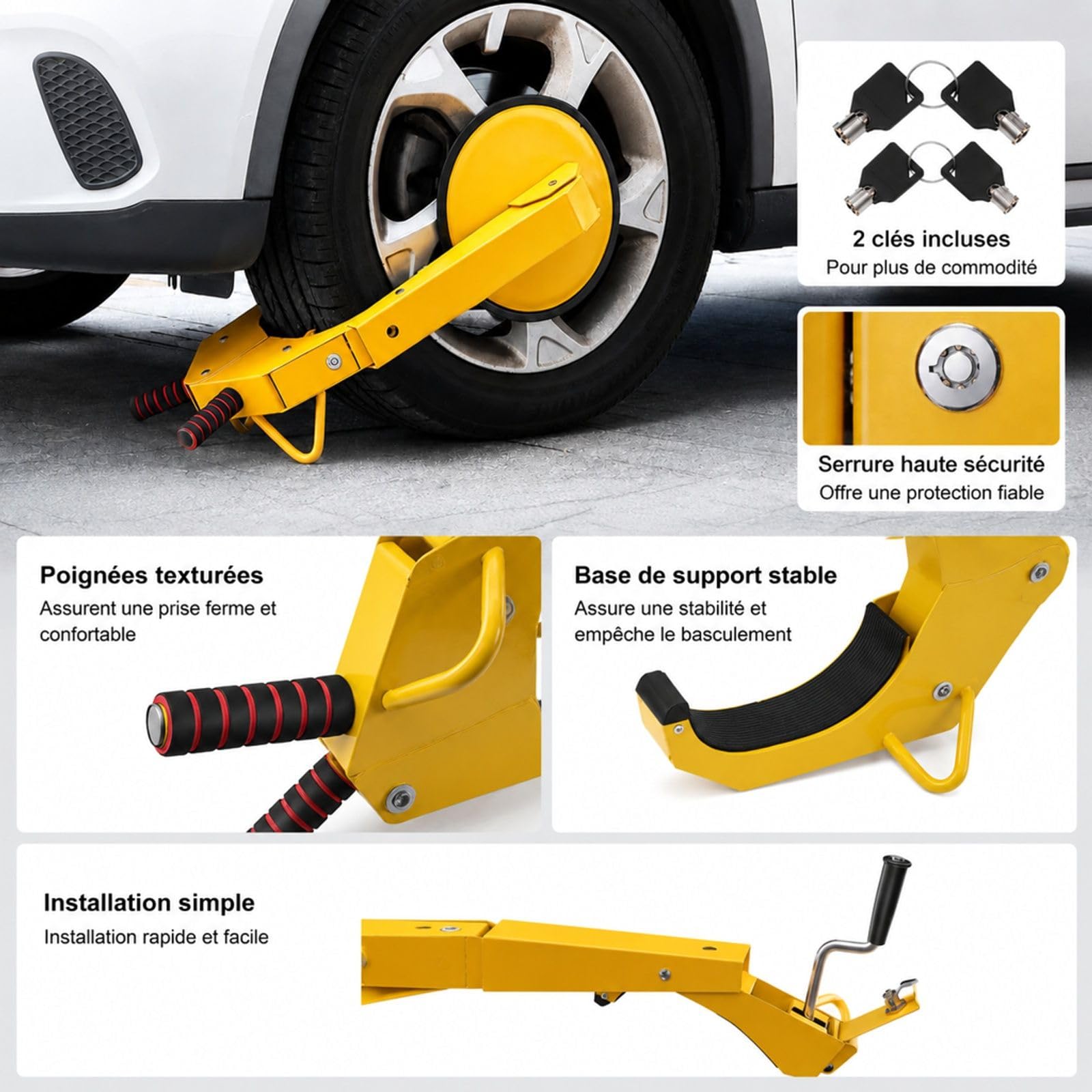 Lot de 2 sabots de roue jaunes en acier Q235 avec ventouse et clés pour voiture caravane camion moto SUV