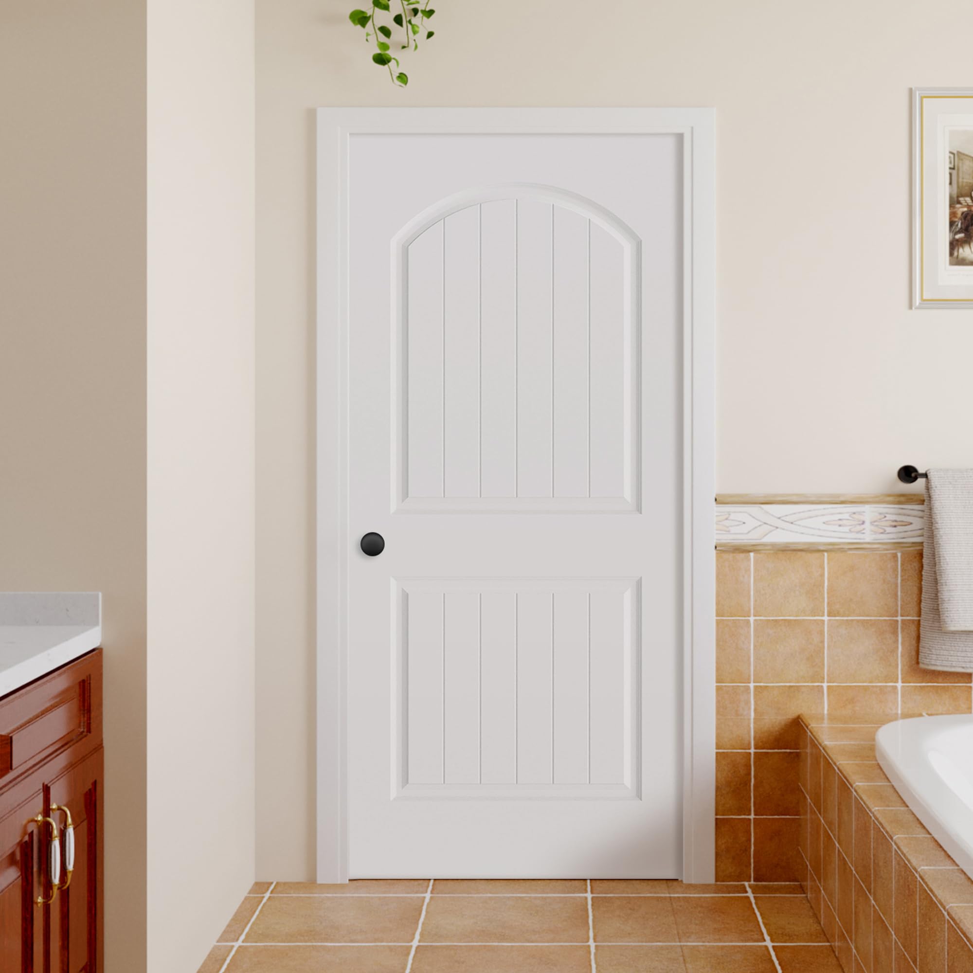 Photo 1 of ***FOR PARTS/HAS MAJOR DAMAGE***BARNSMITH 36x80 in 2-Panel Arch Top Plank Primed Molded Door Slab, Classic White Paintable Hollow Core Interior Door Panel, for Swing, Pocket, Sliding Door, Durable and Lightweight
