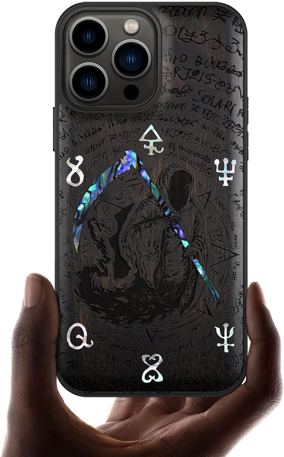 Carveit Designer Wooden Protective Case for iPhone 13 Pro Max Magnetic Cover [Wood Engraving & Shell Inlay] Compatible with 13 Pro Max MagSafe (Grim Reaper-Blackwood)