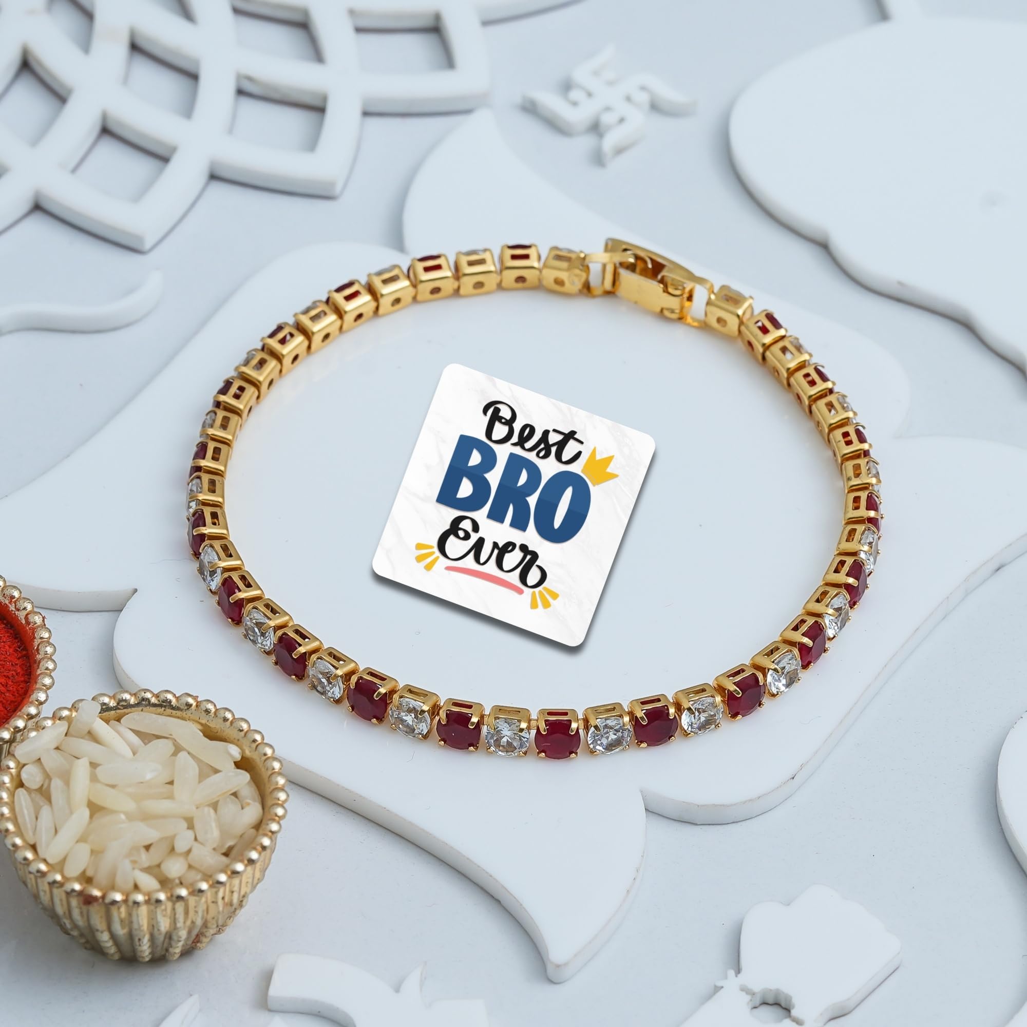 eCraftIndia Red White Stone Studded Evil Eye Bracelet Rakhi with Best Bro Ever Fridge Magnet | Designer Rakhi for Brothe