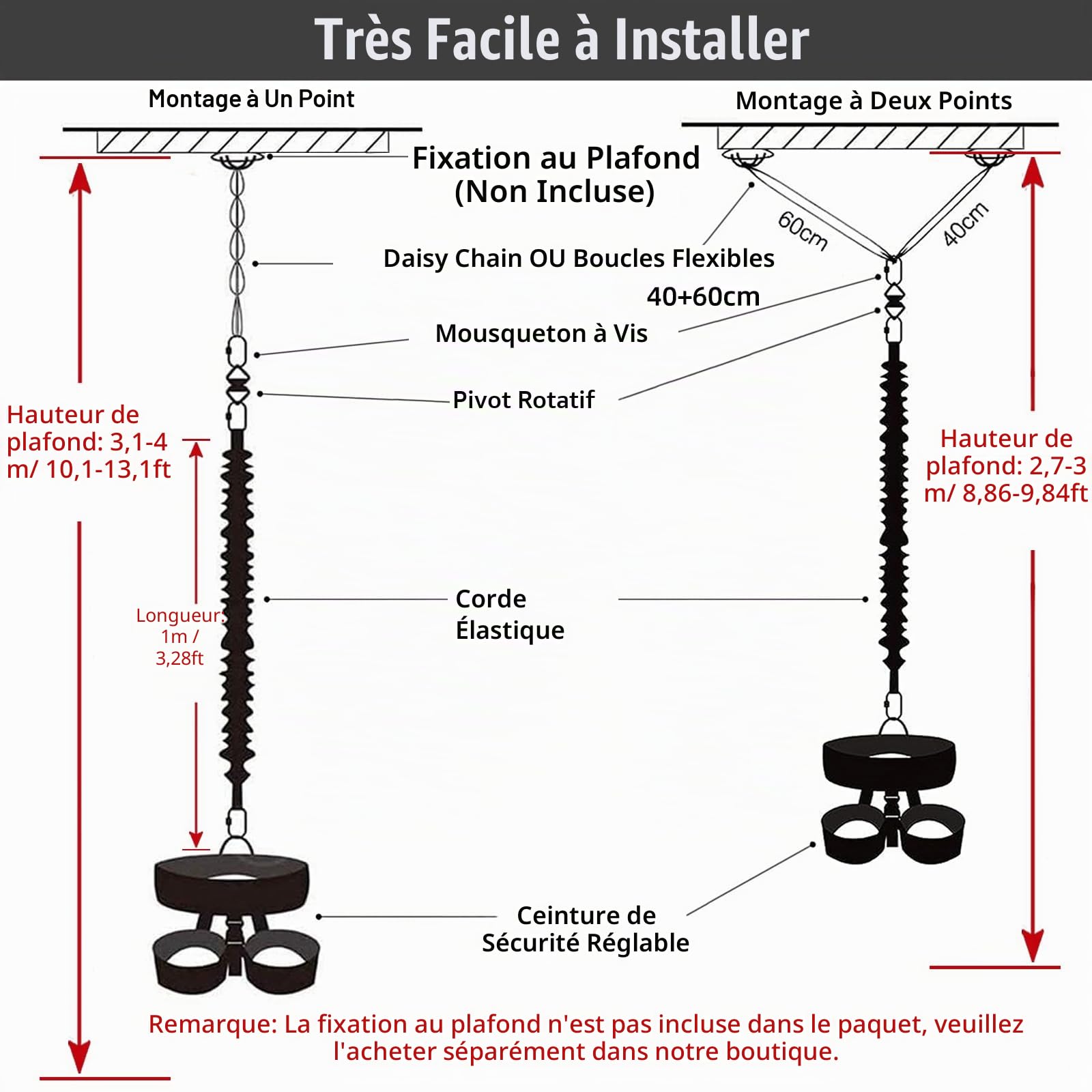 Kit élastique Fitness PRIOR FITNESS, équipement Bungee certifié CE | Élastique bungee résistant 110~264 lbs, corde danse anti-gravité 3,3ft/1m, charge minimale rupture 1377 lbs pour gymnases et