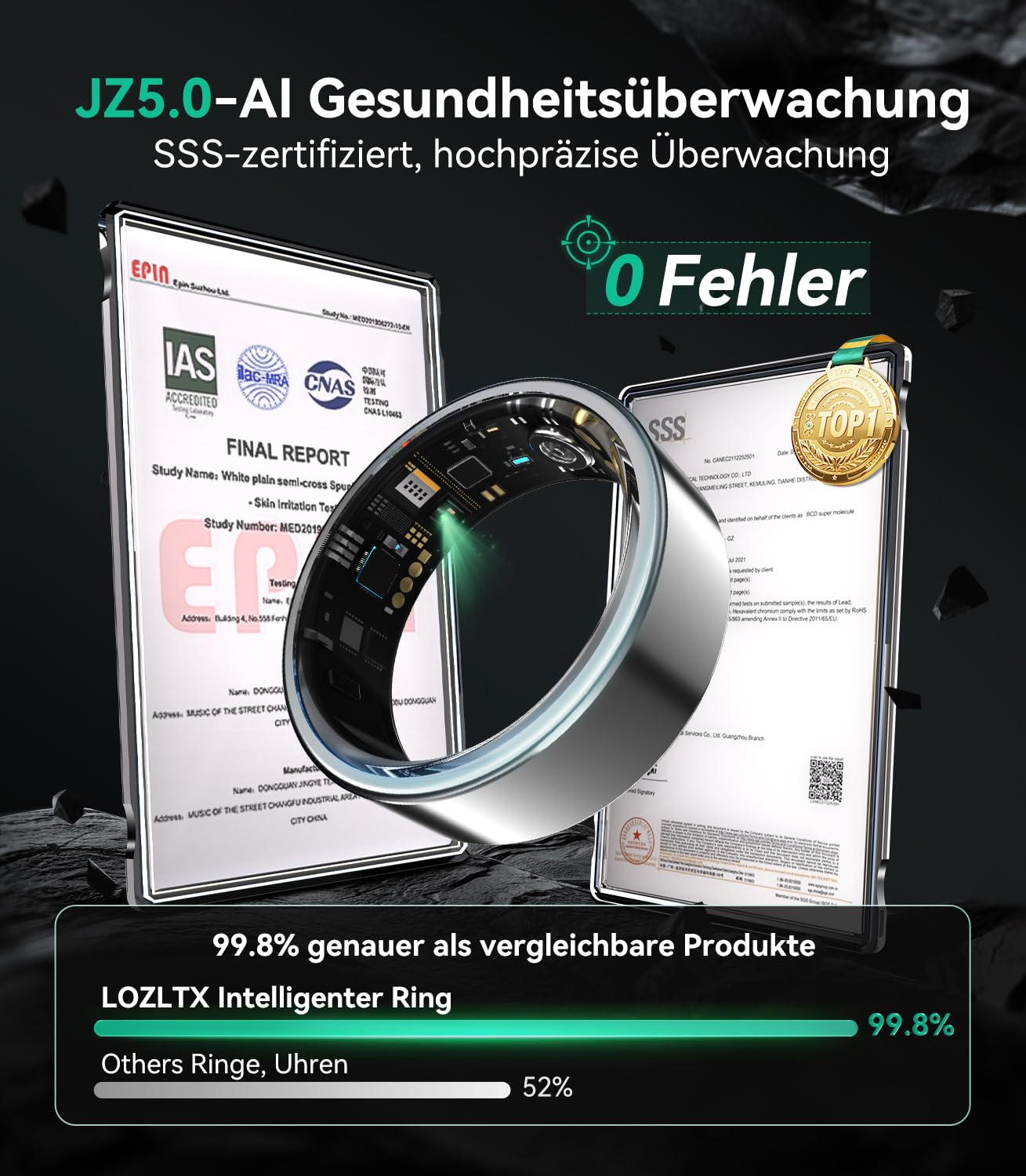 Smart Ring Mit kabellose Ladestation【JZ5.2-Chip & 0% Messfehler】【Militärgeprüftes Titan-Design & IP68】 Smartring Fitness Ring - 30 Sprachen & Herren für Android IOS（Schwarz, Größe 10）