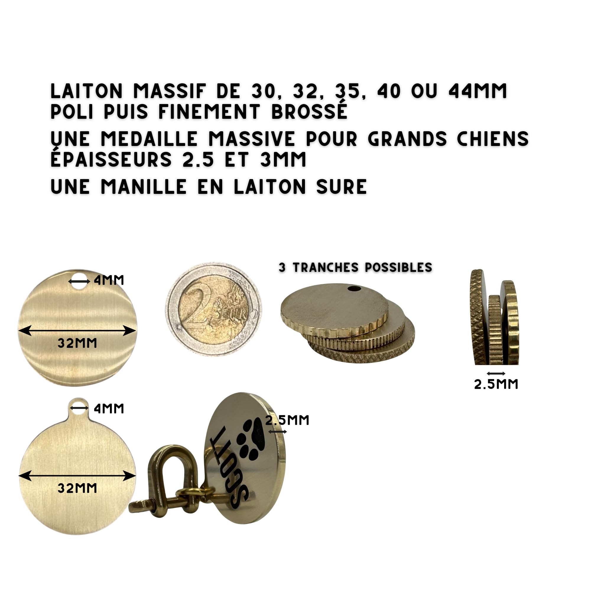 Masterpiece grand chien en laiton massif, médaille gravée, Etiquette d'identification personnalisable, épais médaillon gravé, médaille grande taille (30mm percée)